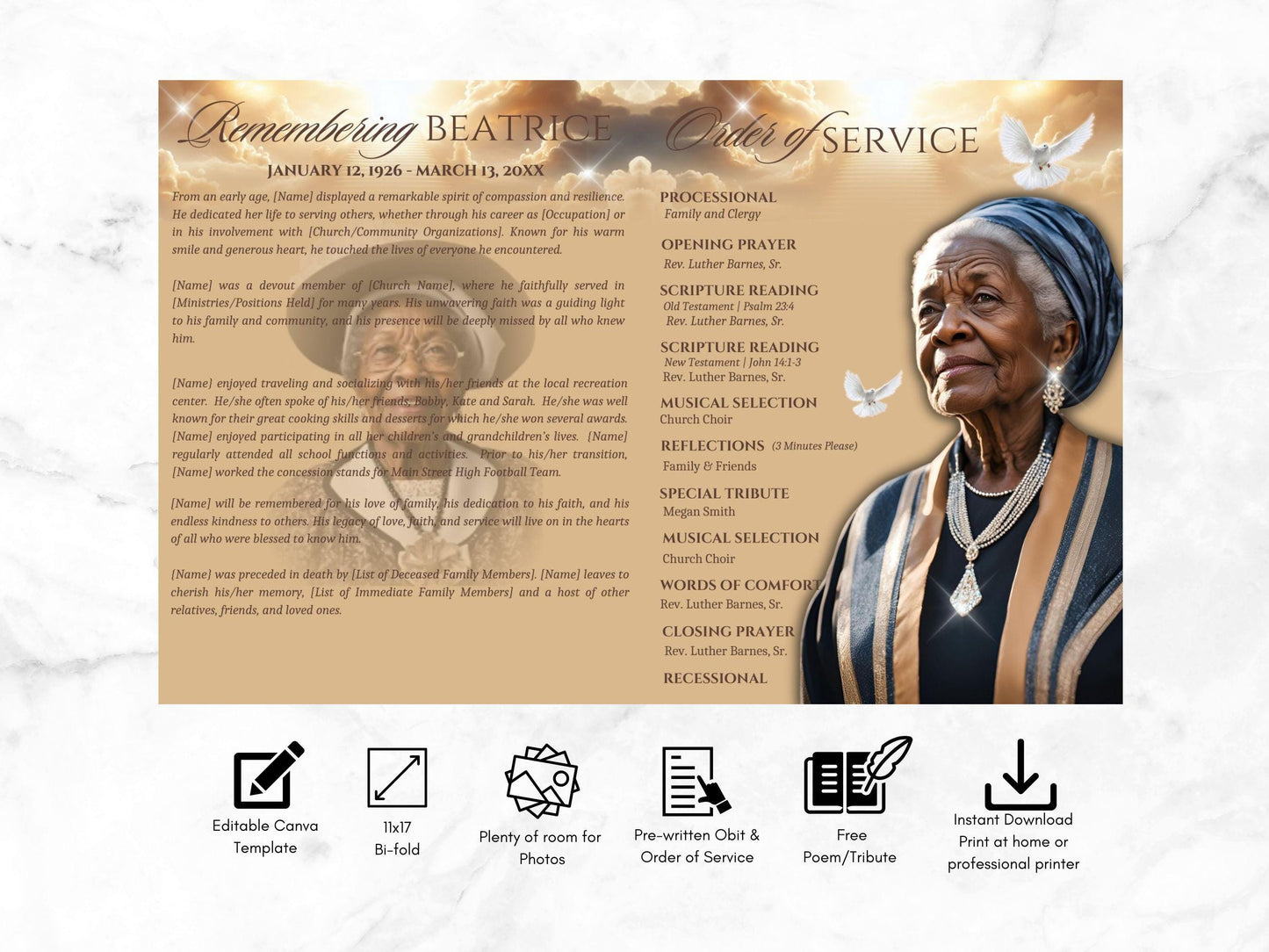 4-Page | 8.5"X11" Bi-fold Funeral Program Booklet | Heaven's Gate | Obituary Book| Memorial Keepsake | Canva Template | Instant Download