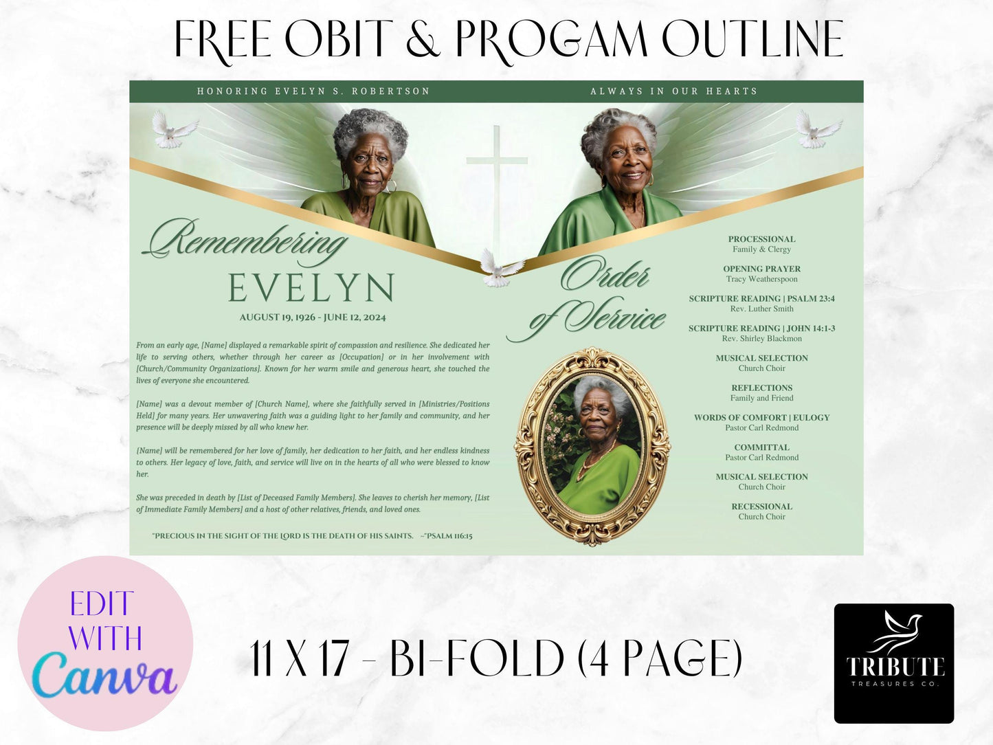 Editable Canva Funeral Program Template | Green and Gold | 4-Page 11X17 Bi-fold | Memorial Keepsake | Rest in Peace | Canva Template