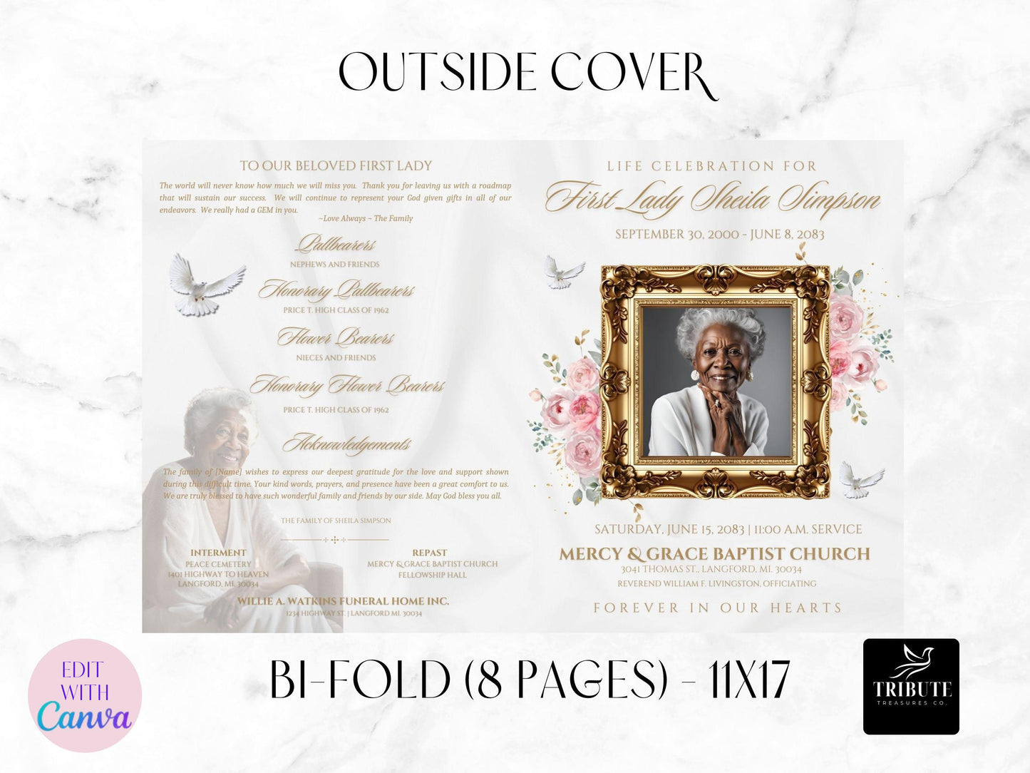 Editable Canva Funeral Program Template | White and Pink | 8-Page 11x17 Bi-fold | Memorial Keepsake | Rest in Peace | Canva Template