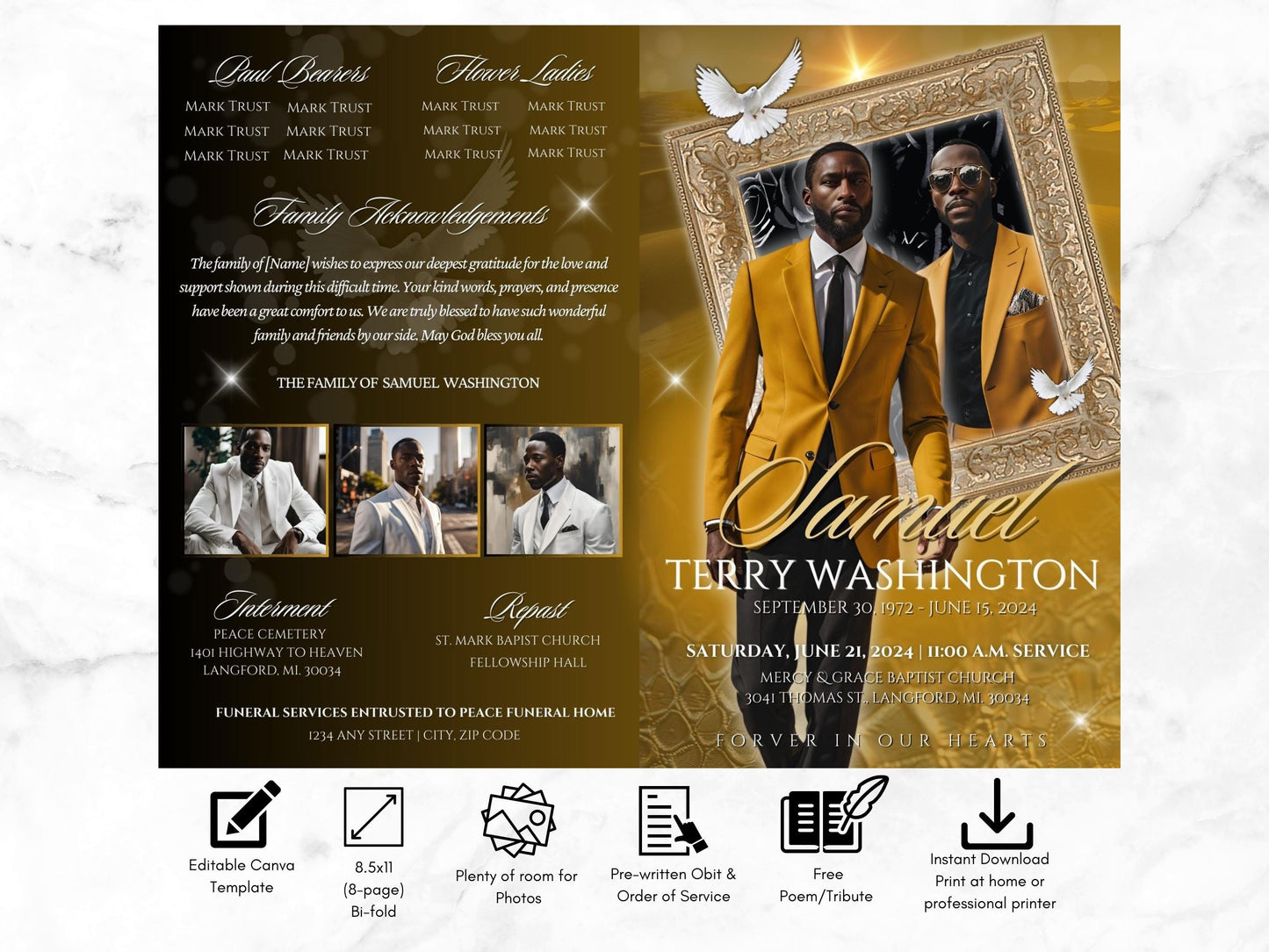 8-Page | 8.5x11 Bi-fold Funeral Program Book Design | Bold Mustard and Black | Obituary Book | Memorial Keepsake | Canva Template
