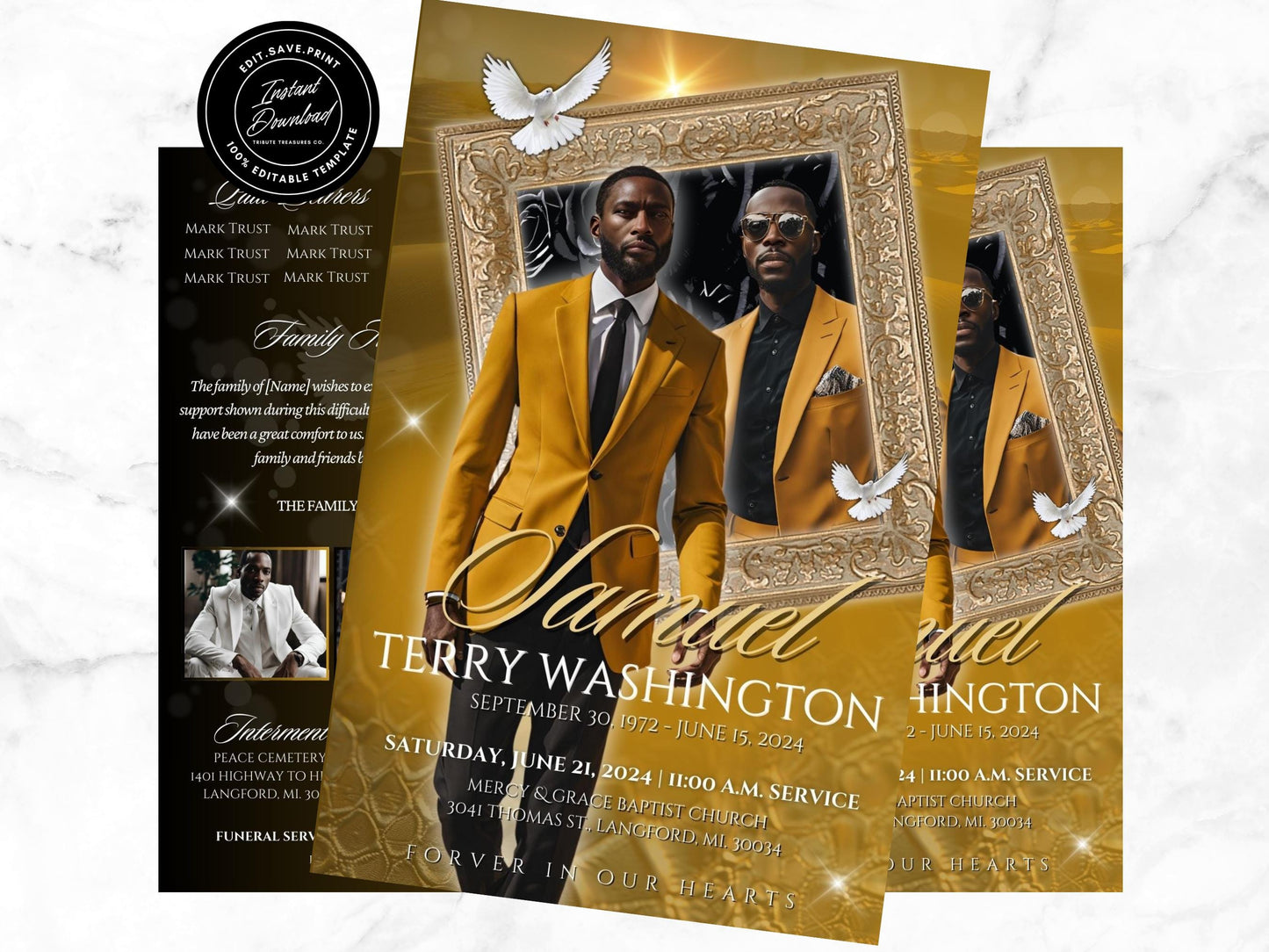 8-Page | 8.5x11 Bi-fold Funeral Program Book Design | Bold Mustard and Black | Obituary Book | Memorial Keepsake | Canva Template