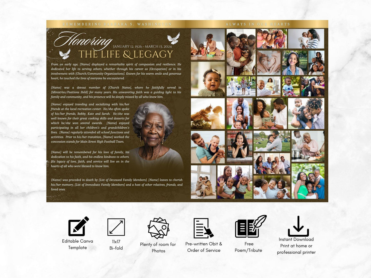 12-Page | 11X17 Bi-fold Funeral Program Book Design | Brown and Gold Inspired | Obituary Book| Memorial Keepsake | Canva Template