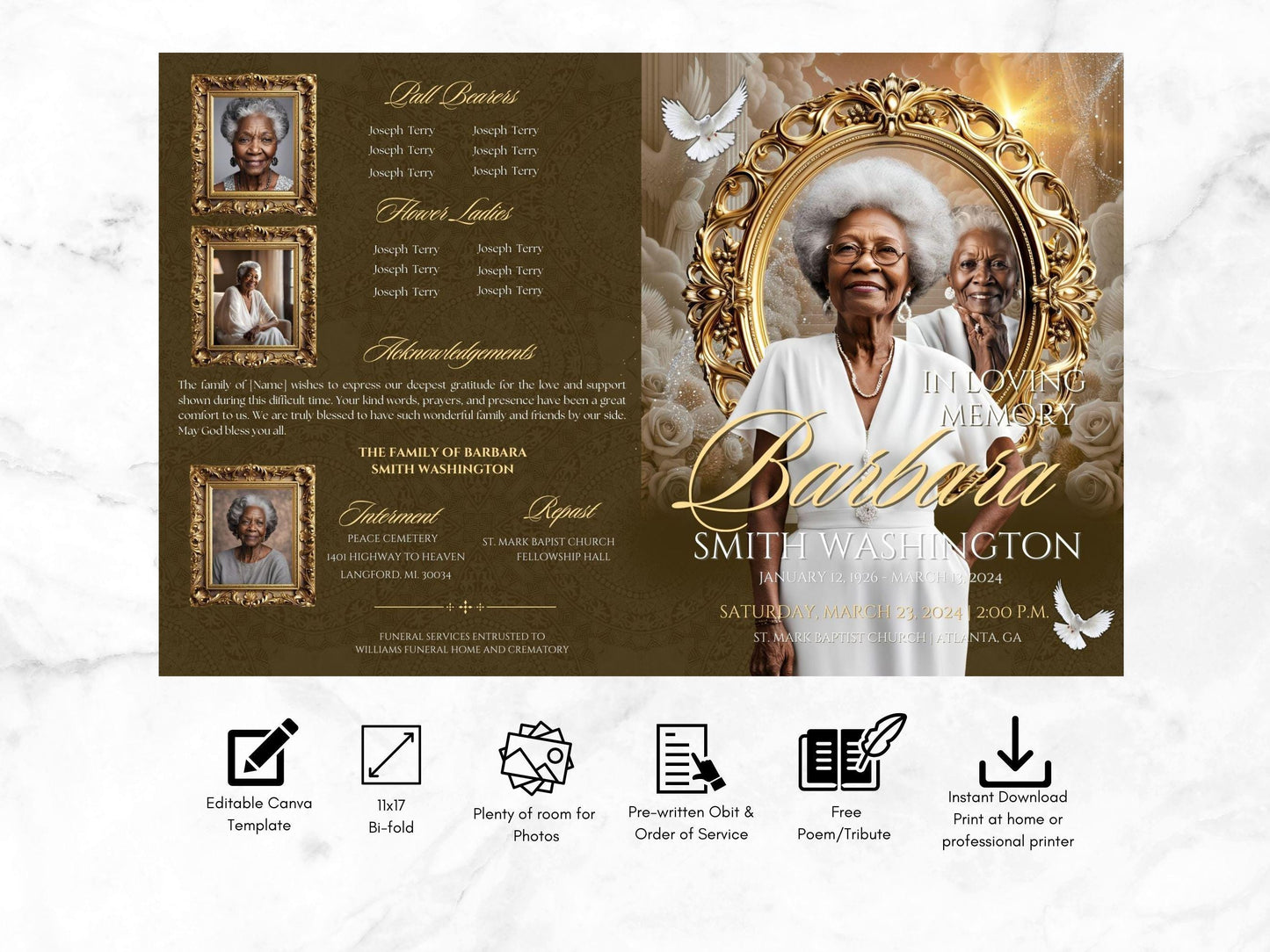 12-Page | 11X17 Bi-fold Funeral Program Book Design | Brown and Gold Inspired | Obituary Book| Memorial Keepsake | Canva Template