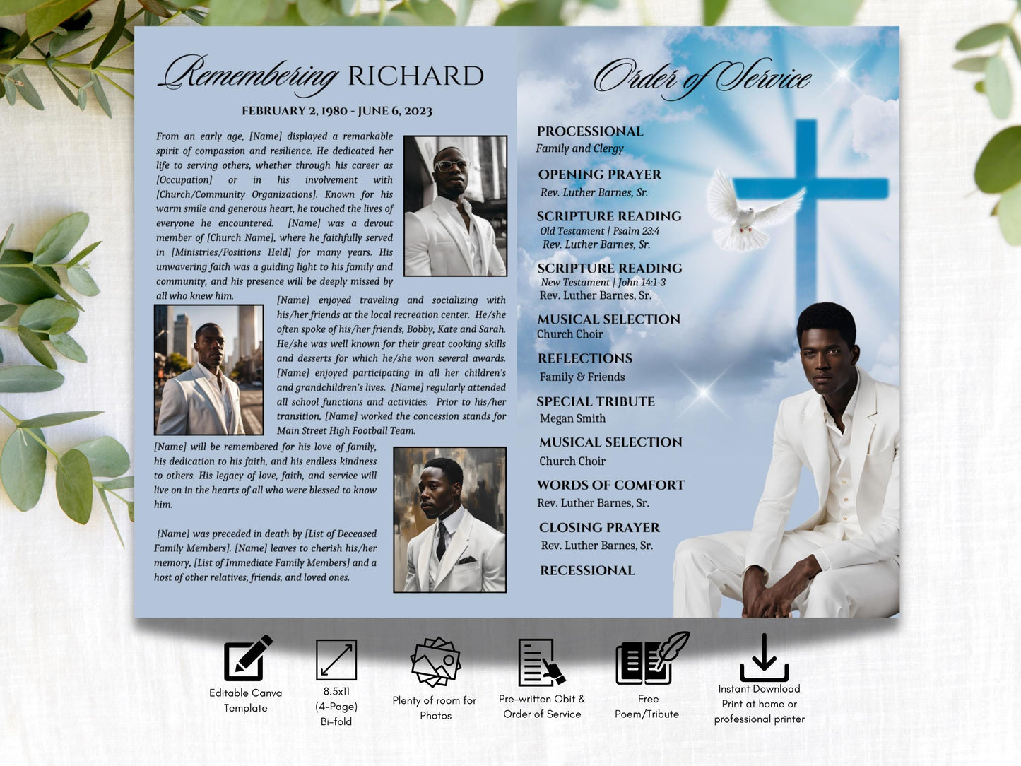4-Page | 8.5x5.5 Bi-fold Funeral Program Book Design | Blue Clouds Cross Obituary | Obituary Book| Memorial Keepsake | Canva Template