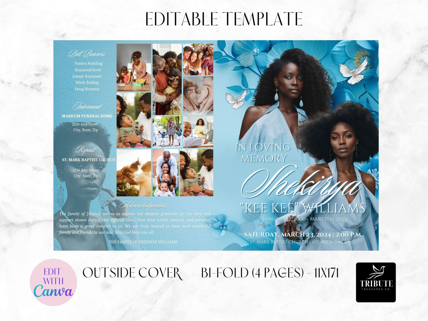Editable Canva Funeral Program Template | Blue Flowers | 4-Page 11X17 Bi-fold | Memorial Keepsake | Rest in Peace | Canva Template