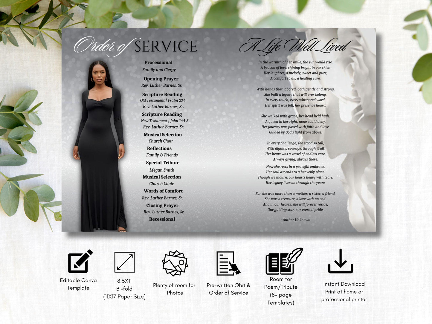 Celebrate Life with a Beautiful Silver and White Rose | Customizable Funeral Program | 11x17 (8-pages) Keepsake | Canva Template