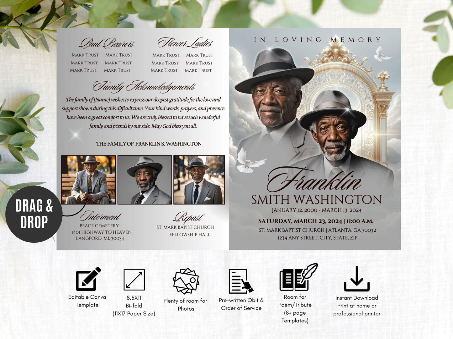 Editable Canva Funeral Program Template | Grey Heaven's Gate | 4-Page 11X17 Bi-fold | Memorial Keepsake | | Canva Template