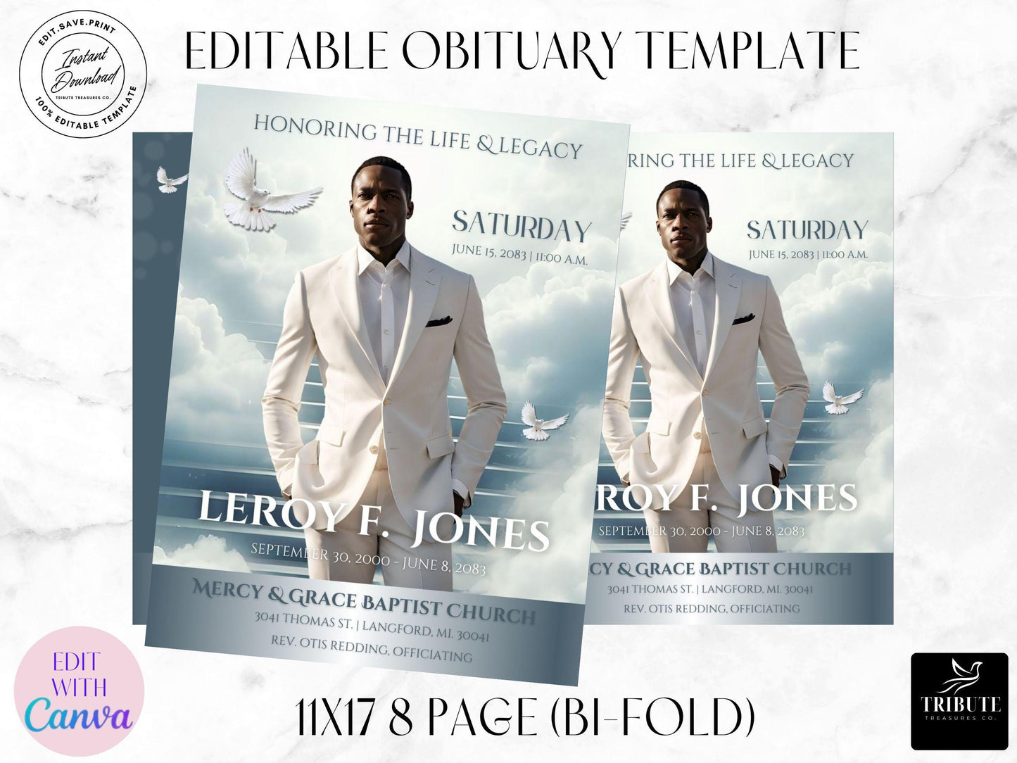 8-Page | 11X17 Bi-fold Funeral Program Book Design | Blue Silver Clouds Inspired | Obituary Book| Memorial Keepsake | Canva Template