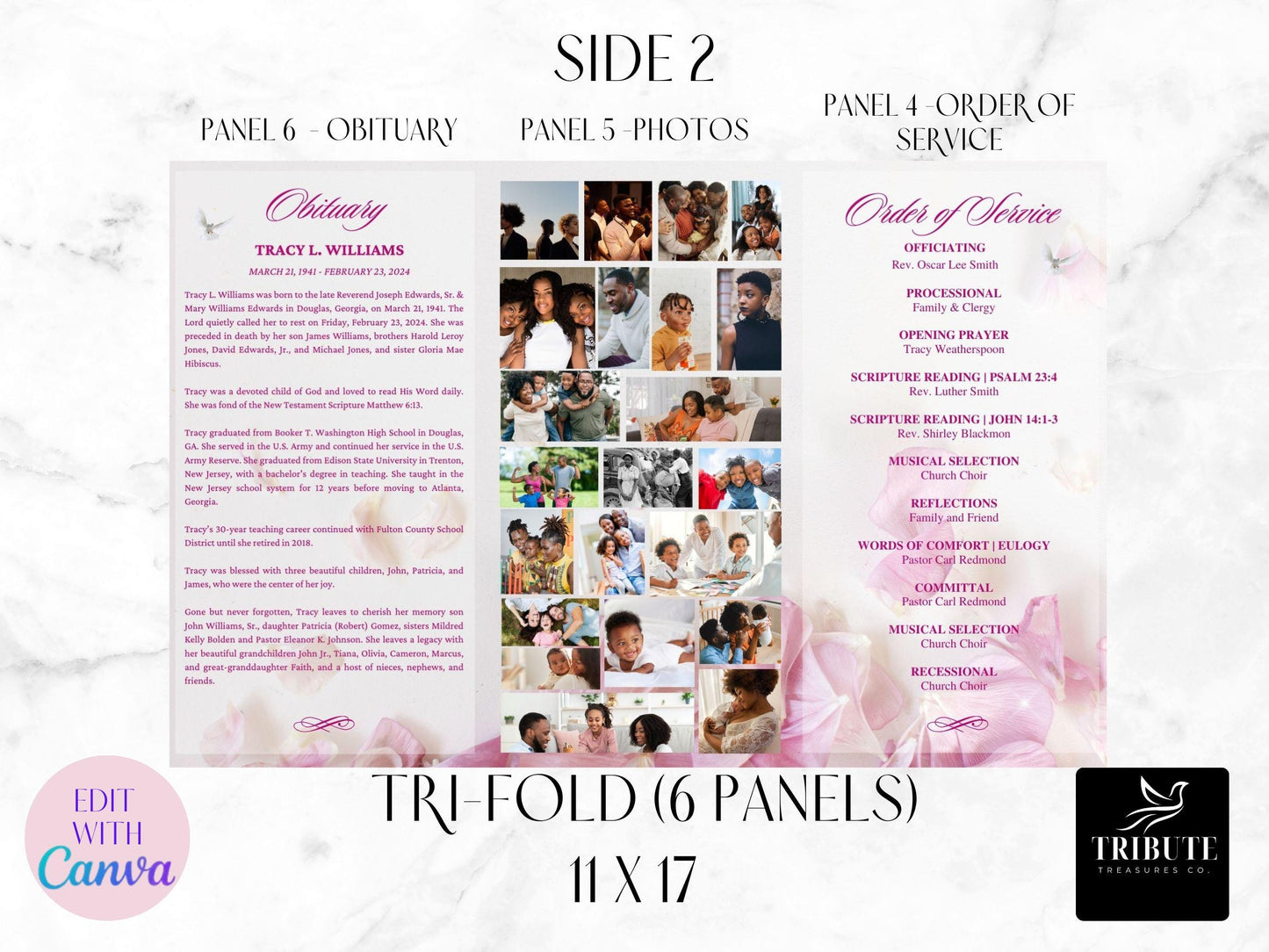 Editable Funeral, Obituary Program Template - Beautiful Pink Flowers Memorial Program - Personalized Order of Service | 11X17 Trifold