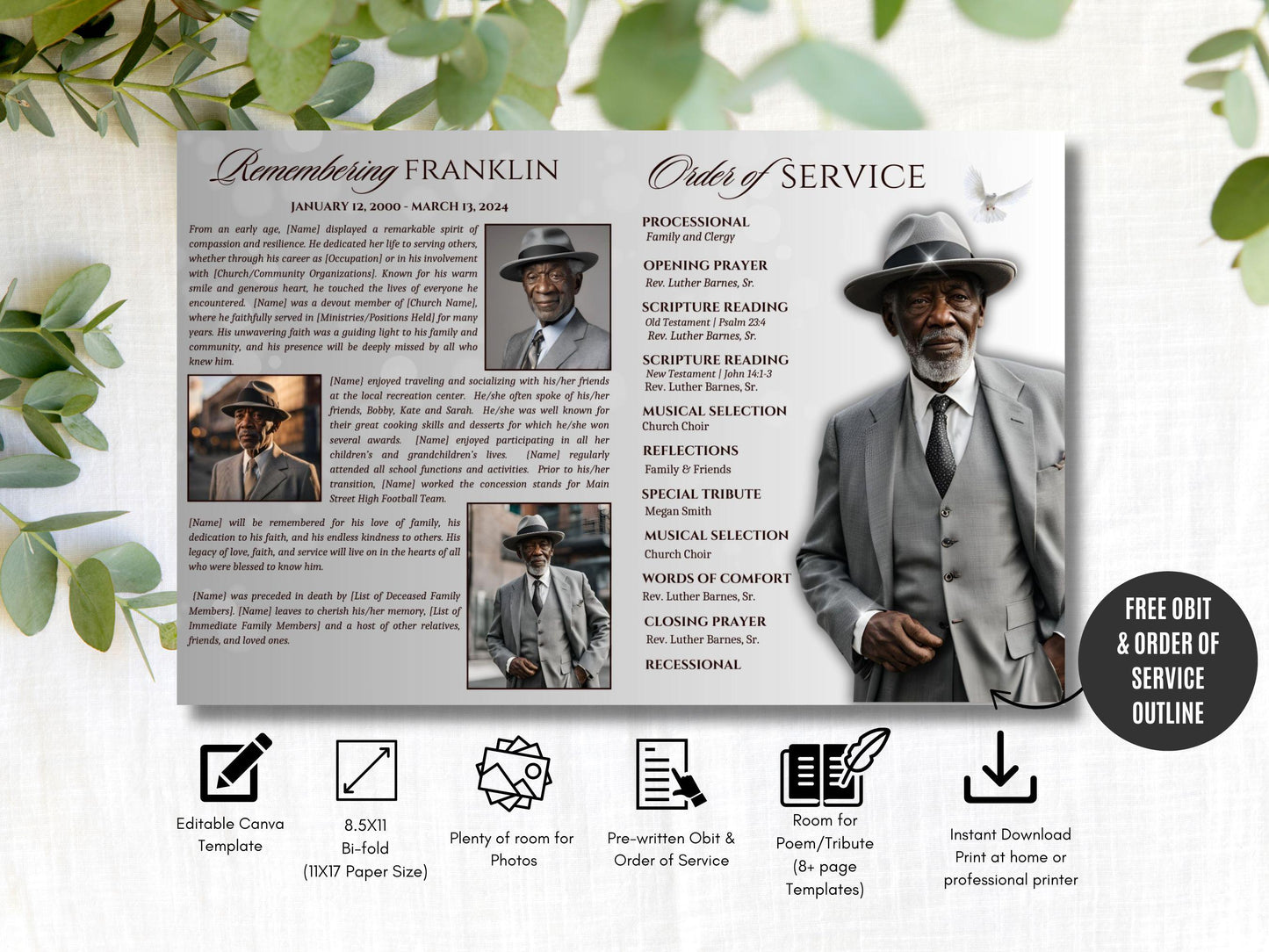 Editable Canva Funeral Program Template | Grey Heaven's Gate | 4-Page 11X17 Bi-fold | Memorial Keepsake | | Canva Template