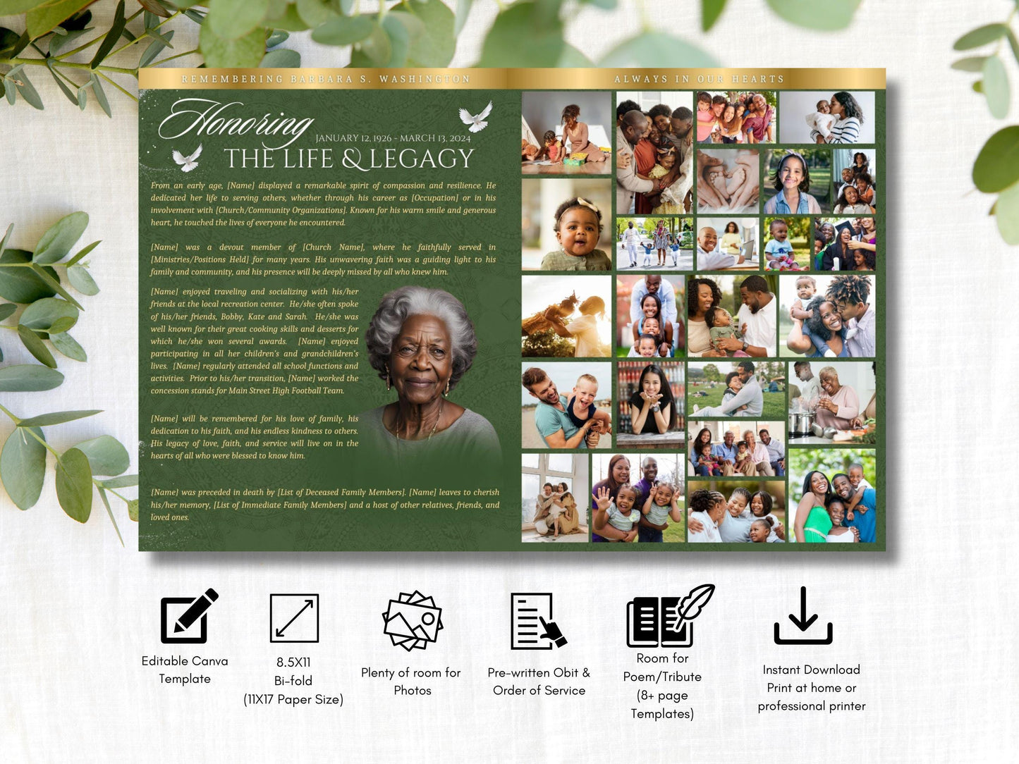 8-Page | 11X17 Bi-fold Funeral Program Book Design | Green and Gold Inspired | Obituary Book| Memorial Keepsake | Canva Template