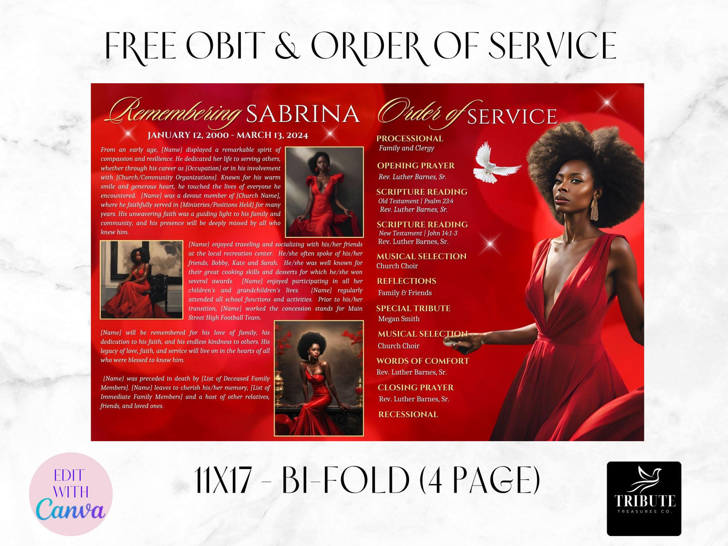 Editable Canva Funeral Program Template | Red Rose | 4-Page 11X17 Bi-fold | Memorial Keepsake | Rest in Peace | Canva Template