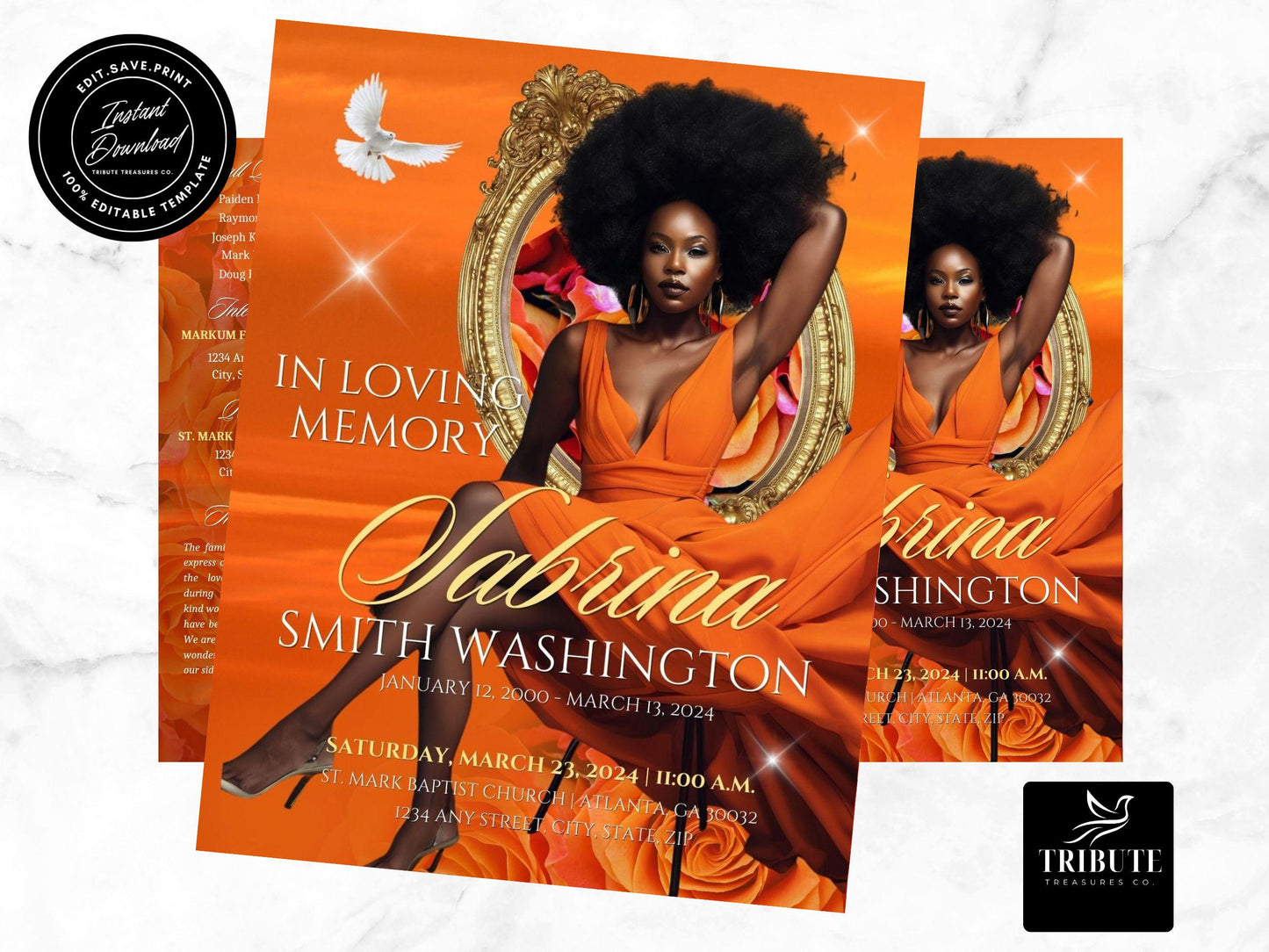 4-Page 8.5"x11" Bi-fold | Editable Funeral Program Booklet | Orange Clouds | Memorial Keepsake | Rest in Peace | Canva Template