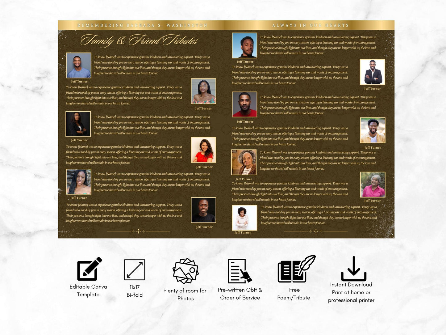 12-Page | 11X17 Bi-fold Funeral Program Book Design | Brown and Gold Inspired | Obituary Book| Memorial Keepsake | Canva Template