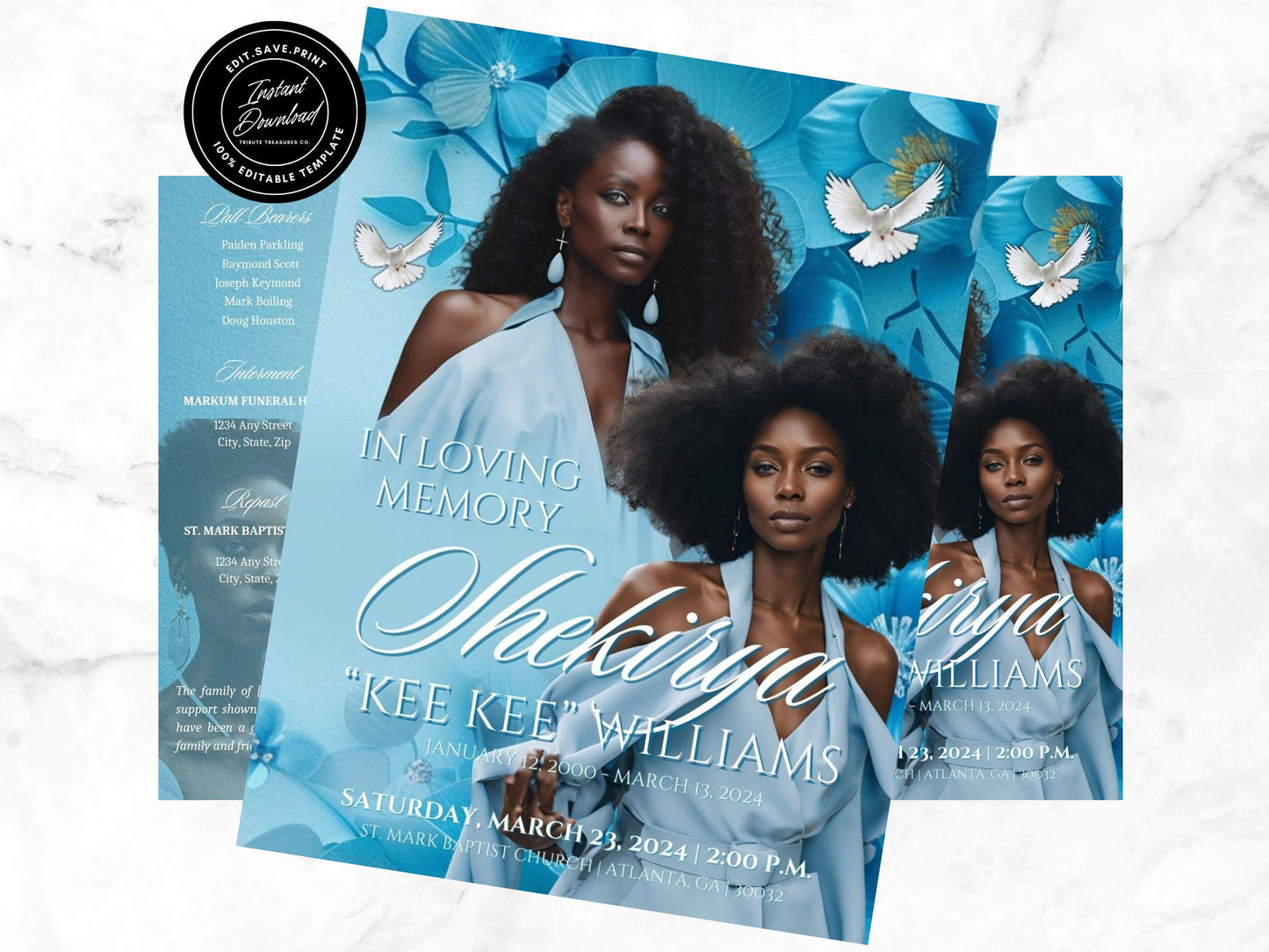 Editable Canva Funeral Program Template | Blue Flowers | 4-Page 11X17 Bi-fold | Memorial Keepsake | Rest in Peace | Canva Template