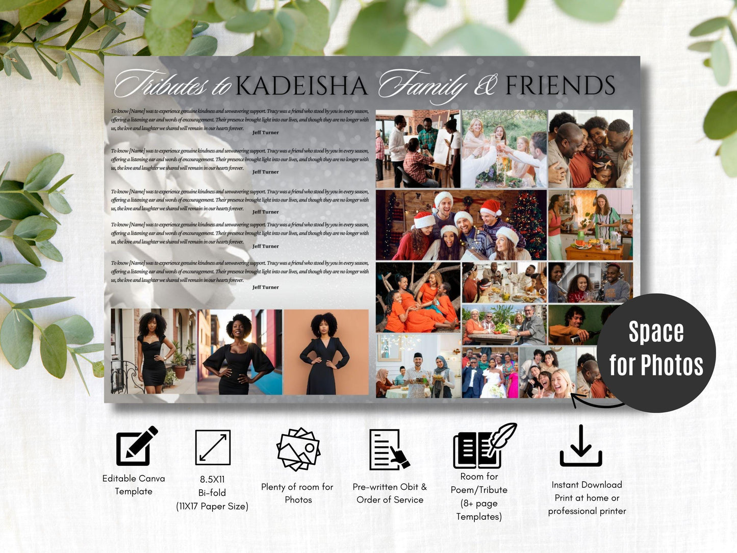 Celebrate Life with a Beautiful Silver and White Rose | Customizable Funeral Program | 11x17 (8-pages) Keepsake | Canva Template
