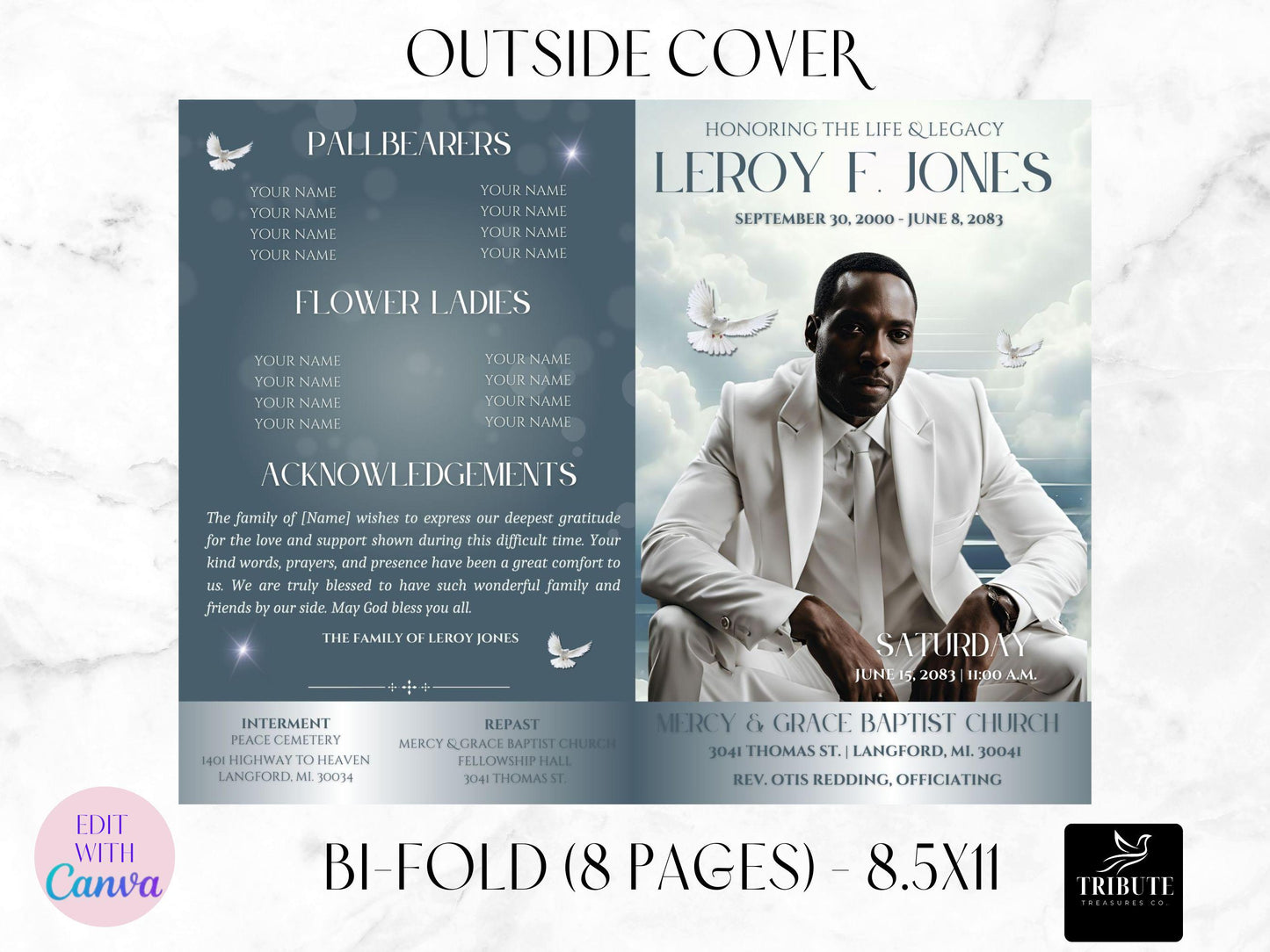 8-Page | 8.5x11 Bi-fold Funeral Program Book Design | Blue & Silver Clouds | Obituary Book | Memorial Keepsake | Canva Template
