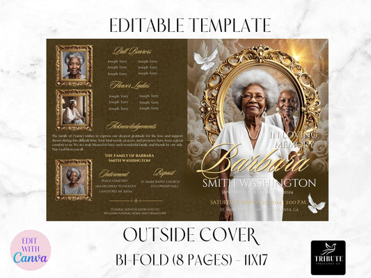 8-Page | 11X17 Bi-fold Funeral Program Book Design | Brown and Gold Inspired | Obituary Book| Memorial Keepsake | Canva Template