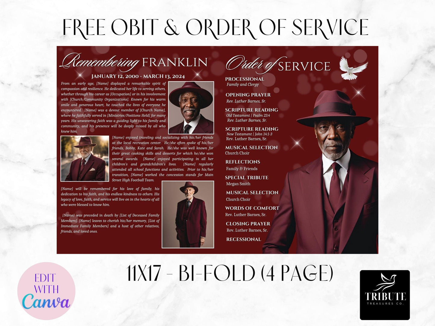 Editable Canva Funeral Program Template | Burgundy Rose | 4-Page 11X17 Bi-fold | Memorial Keepsake | Rest in Peace | Canva Template