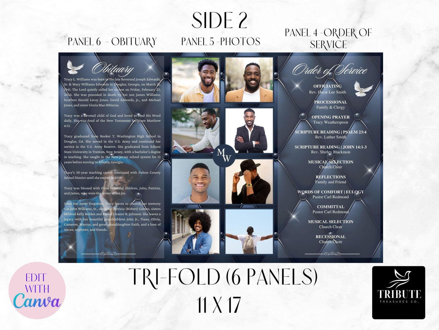 Editable Funeral, Obituary Program Template (11x17 tri-fold) - Opulent Blue Leather Memorial Program - Personalized Order of Service