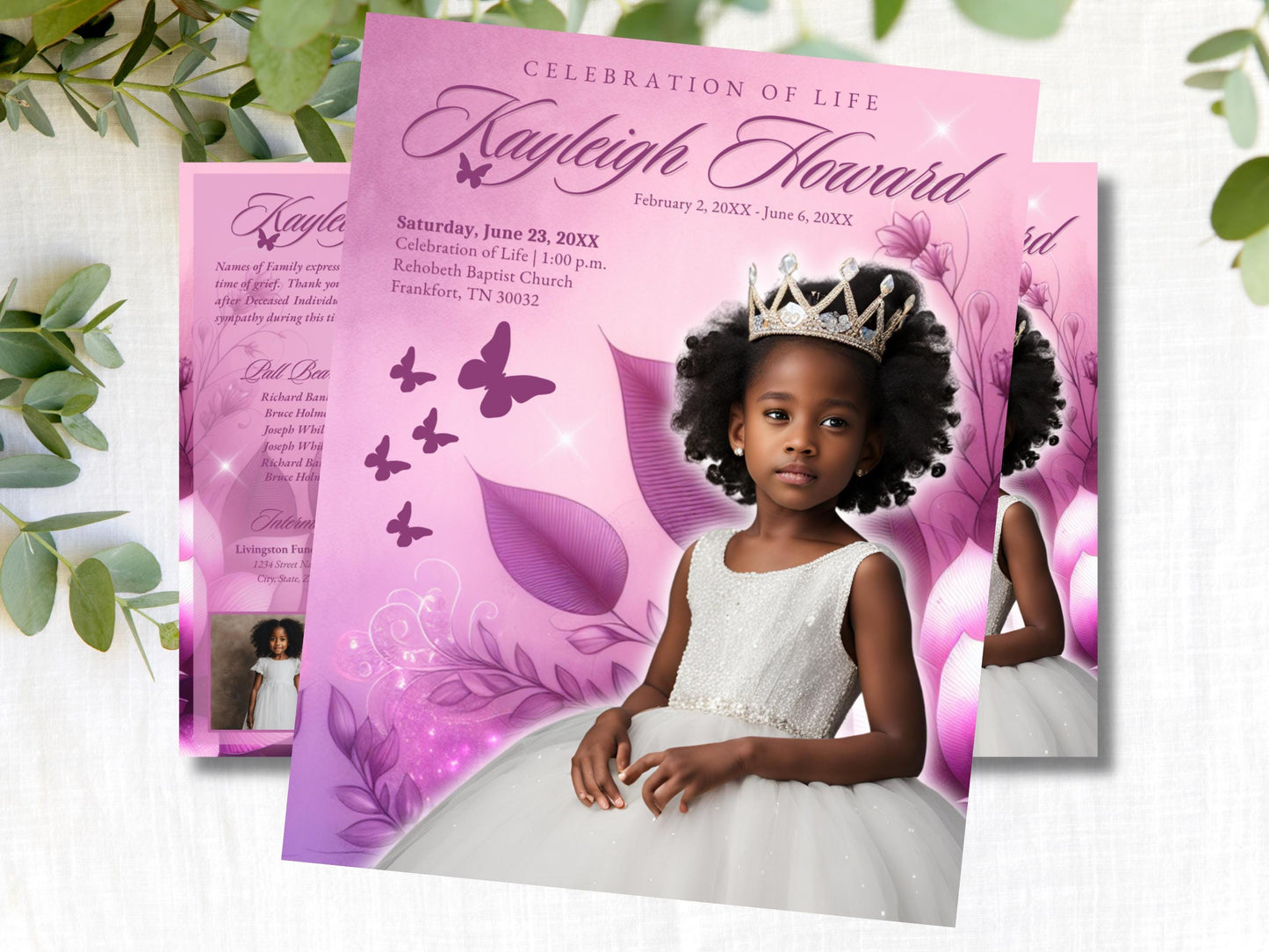 4-Page | 8.5x11 Bi-fold Funeral Program BOOKLET | Youth Pink and Purple | Obituary Book| Memorial Keepsake | Canva Template
