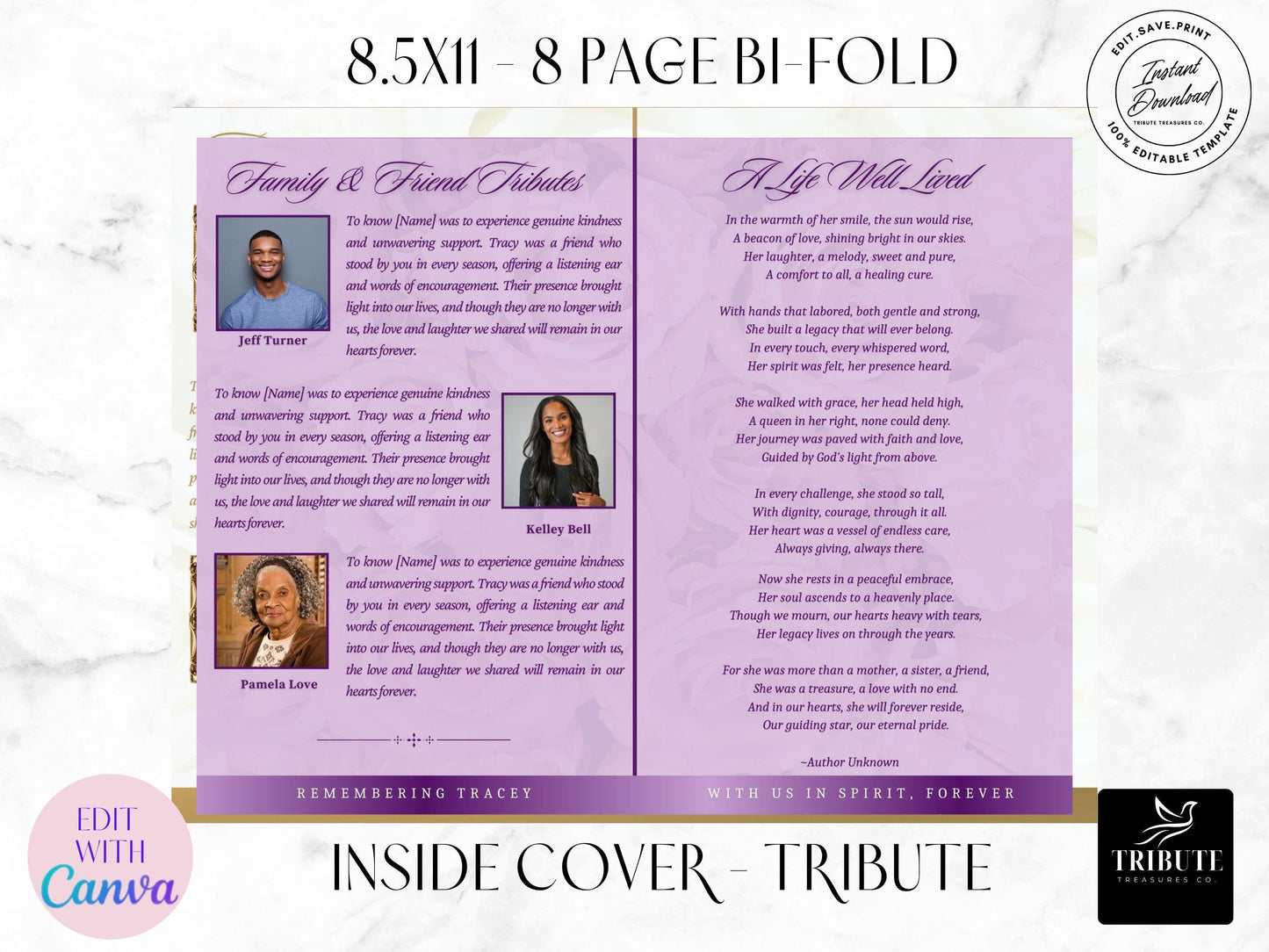 Editable Canva Funeral Program Template | Purple Obit | 8-Page 8.5x11 Bi-fold | Memorial Keepsake | Rest in Peace | Canva Template | #031