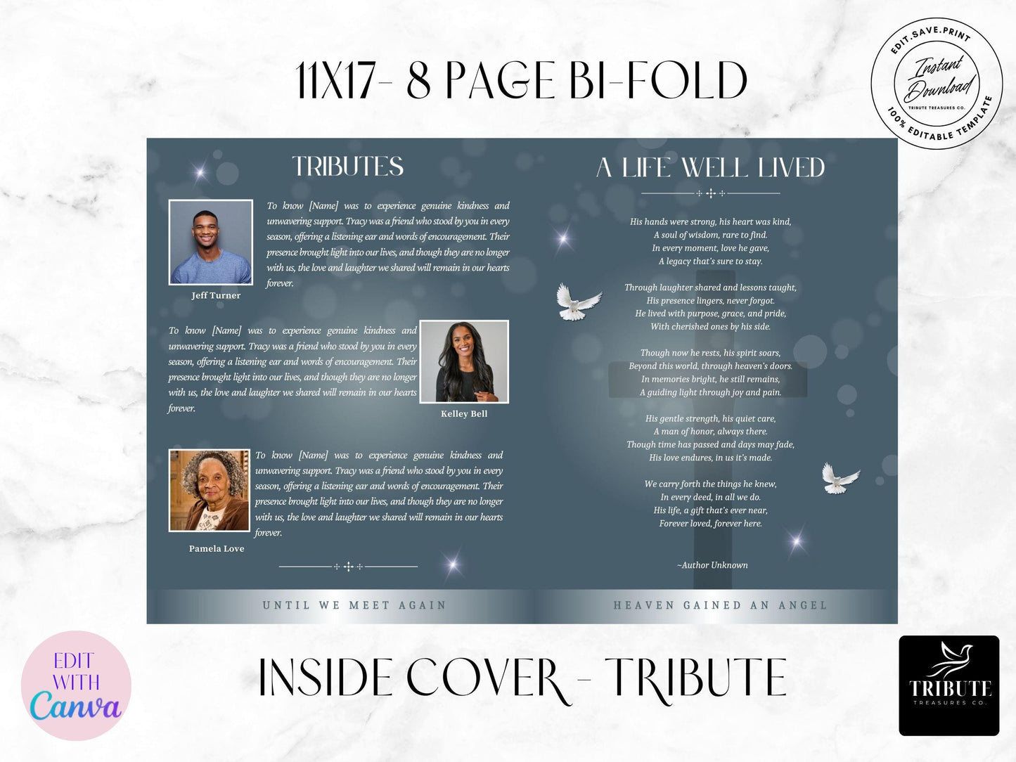 8-Page | 11X17 Bi-fold Funeral Program Book Design | Blue Silver Clouds Inspired | Obituary Book| Memorial Keepsake | Canva Template