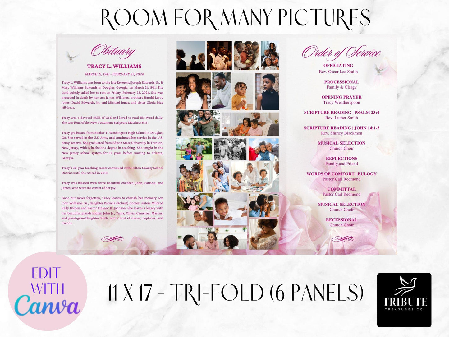 Editable Funeral, Obituary Program Template - Beautiful Pink Flowers Memorial Program - Personalized Order of Service | 11X17 Trifold