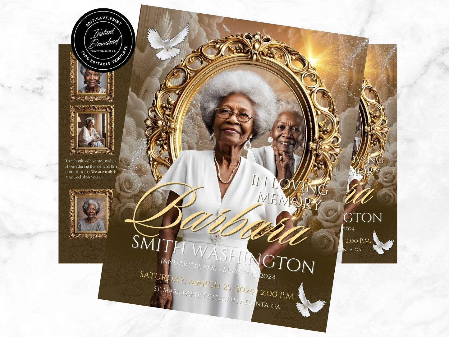 12-Page | 11X17 Bi-fold Funeral Program Book Design | Brown and Gold Inspired | Obituary Book| Memorial Keepsake | Canva Template