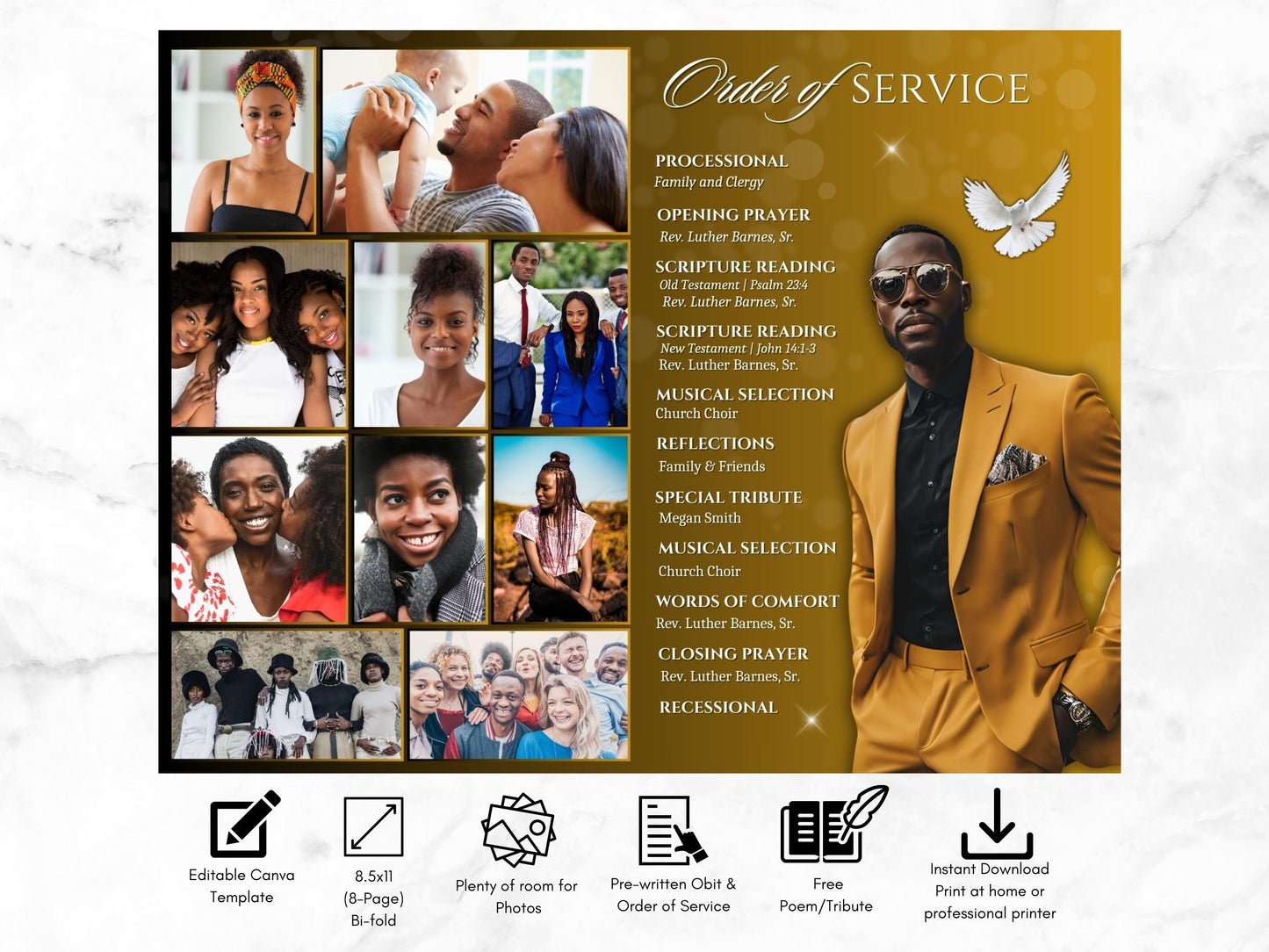 8-Page | 8.5x11 Bi-fold Funeral Program Book Design | Bold Mustard and Black | Obituary Book | Memorial Keepsake | Canva Template
