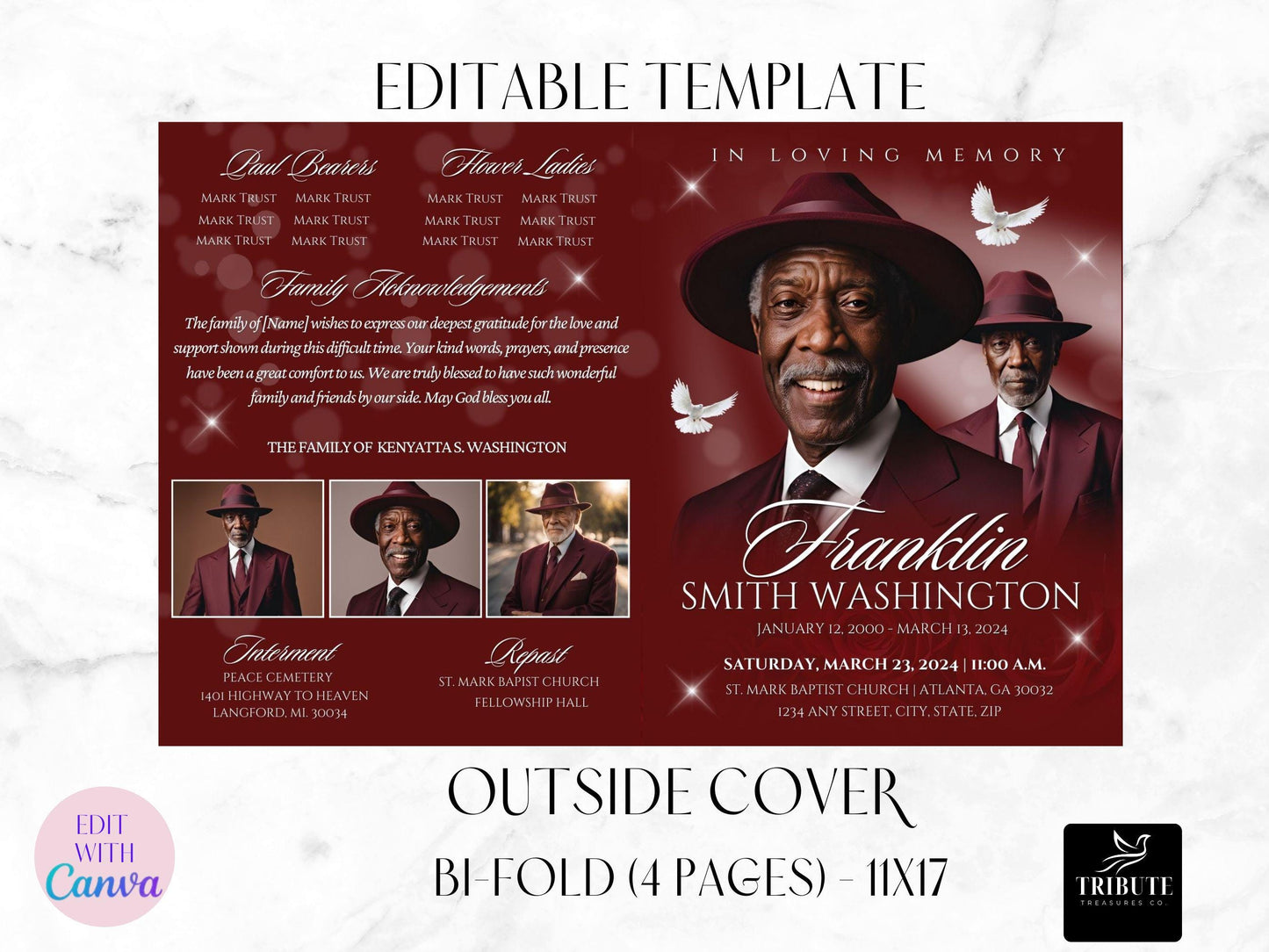 Editable Canva Funeral Program Template | Burgundy Rose | 4-Page 11X17 Bi-fold | Memorial Keepsake | Rest in Peace | Canva Template