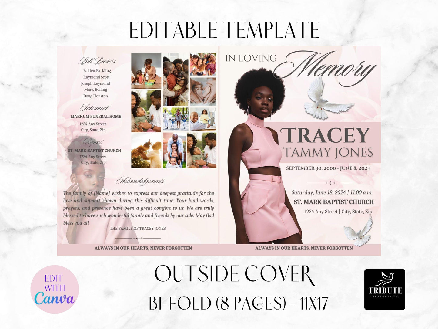 8-Page | 11X17 Bi-fold Funeral Program Book Design | Soft Pink | Obituary Book| Memorial Keepsake | Canva Template