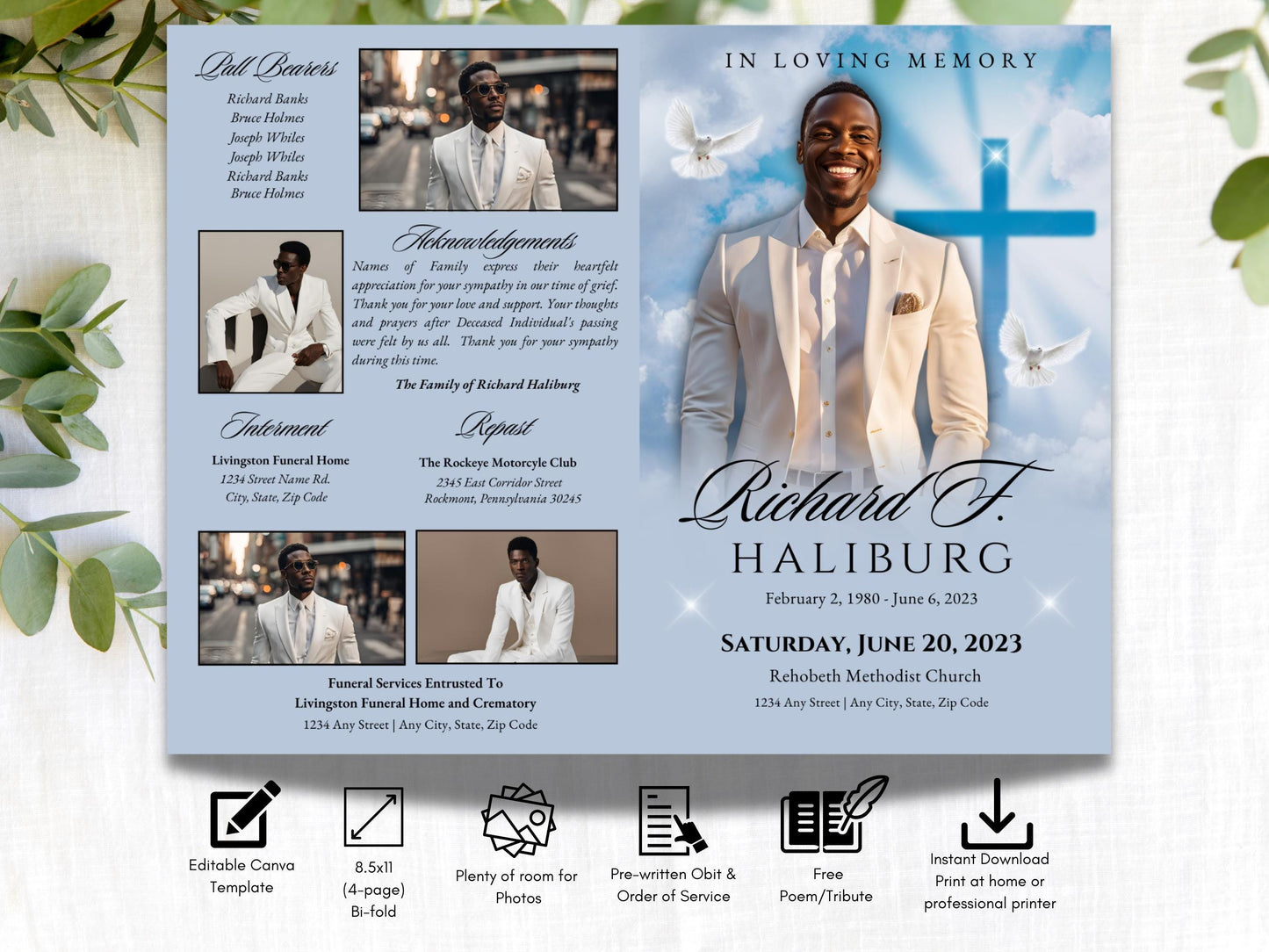 4-Page | 8.5x5.5 Bi-fold Funeral Program Book Design | Blue Clouds Cross Obituary | Obituary Book| Memorial Keepsake | Canva Template