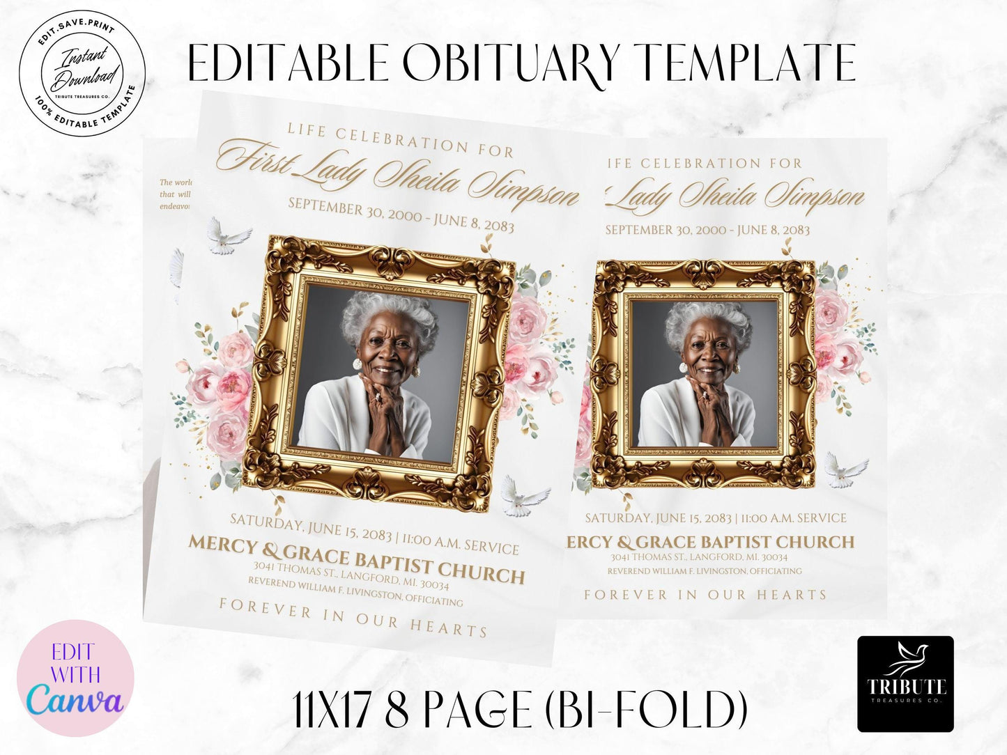 Editable Canva Funeral Program Template | White and Pink | 8-Page 11x17 Bi-fold | Memorial Keepsake | Rest in Peace | Canva Template