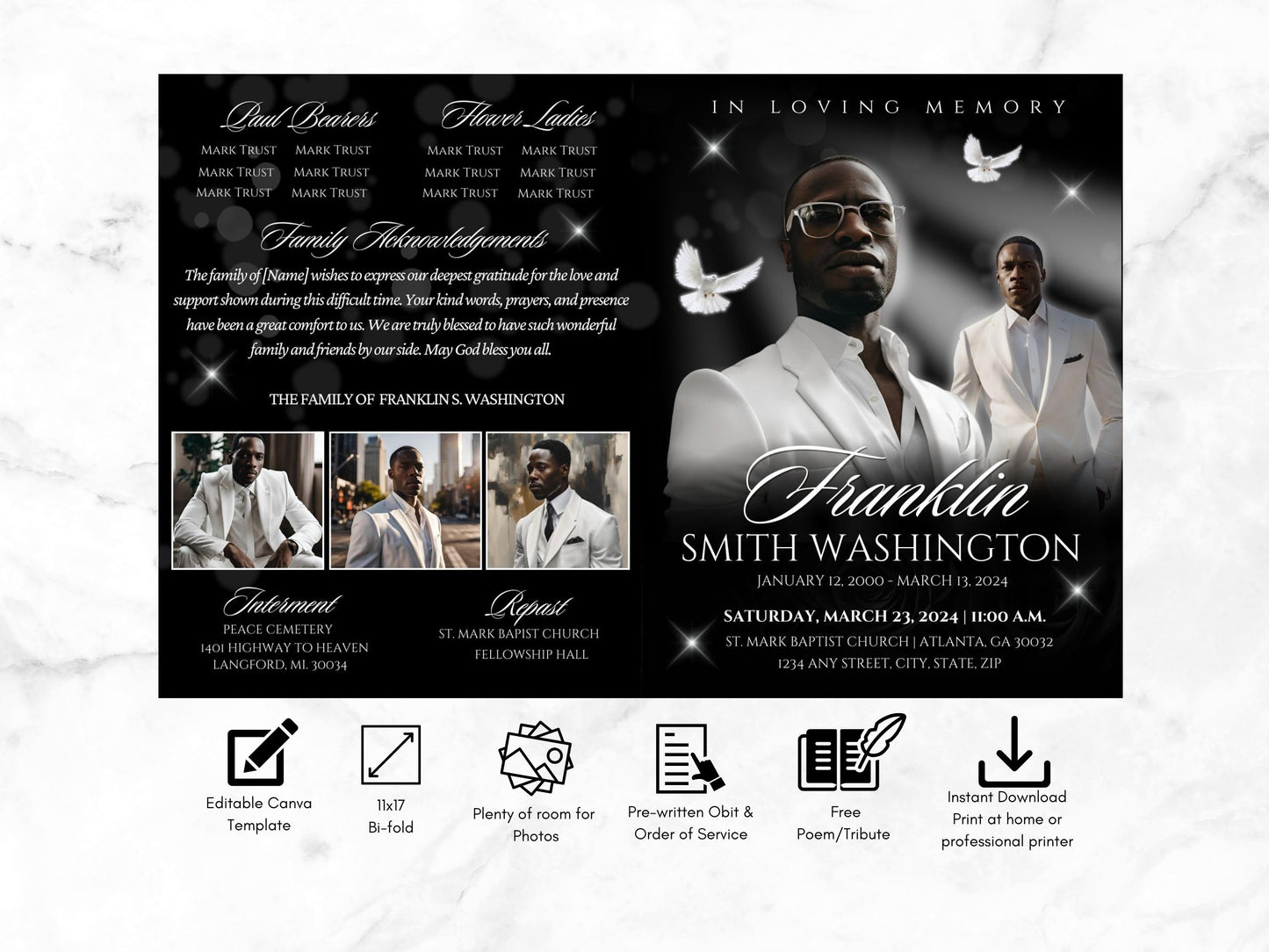 Editable Canva Funeral Program Template | Black and White | 8-Page 11X17 Bi-fold | Memorial Keepsake | Rest in Peace | Canva Template
