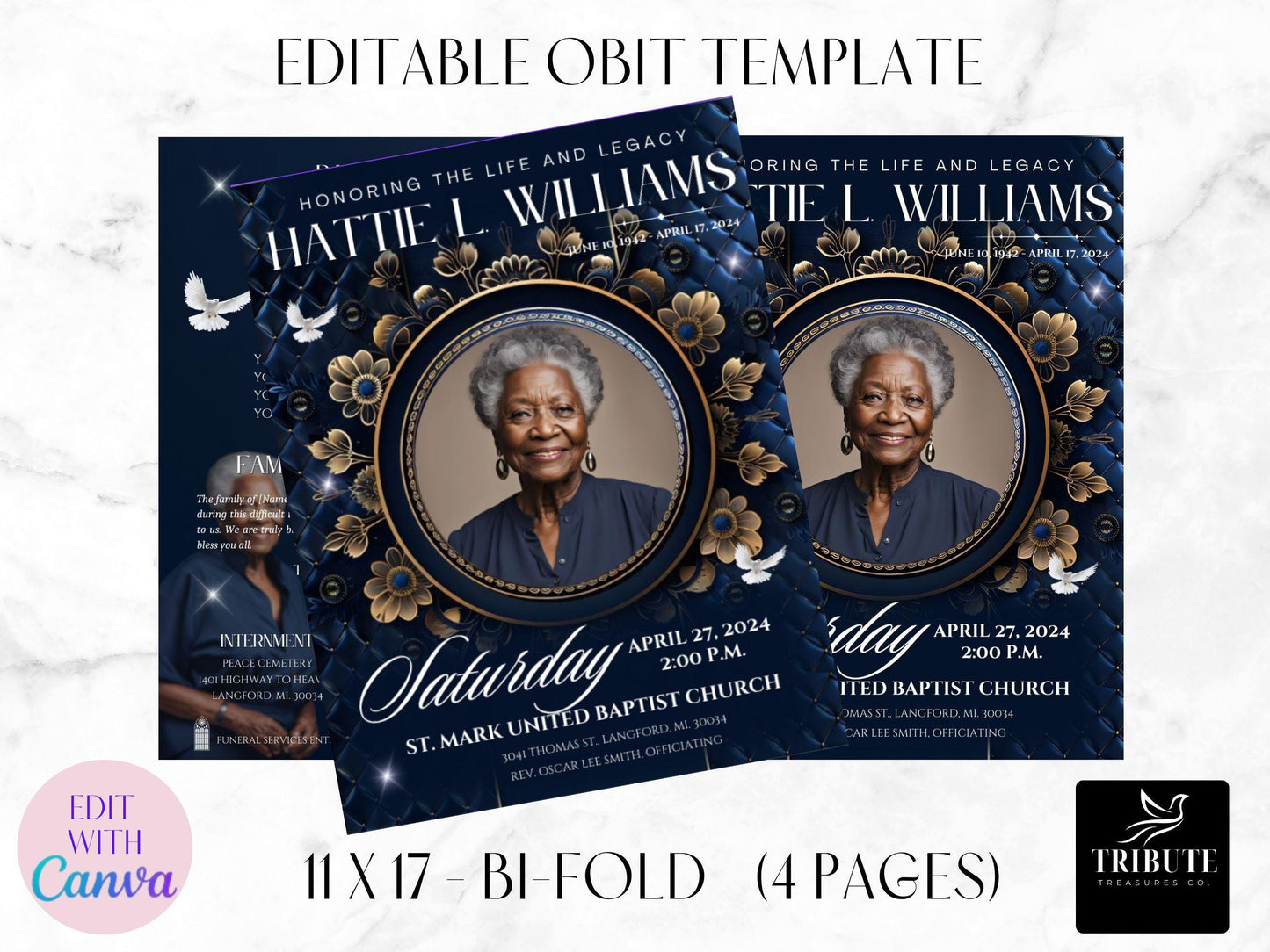 Editable Canva Funeral Program Template | Feminine Blue | 4-Page 11x17 Bi-fold | Memorial Keepsake | Rest in Peace | Canva Template