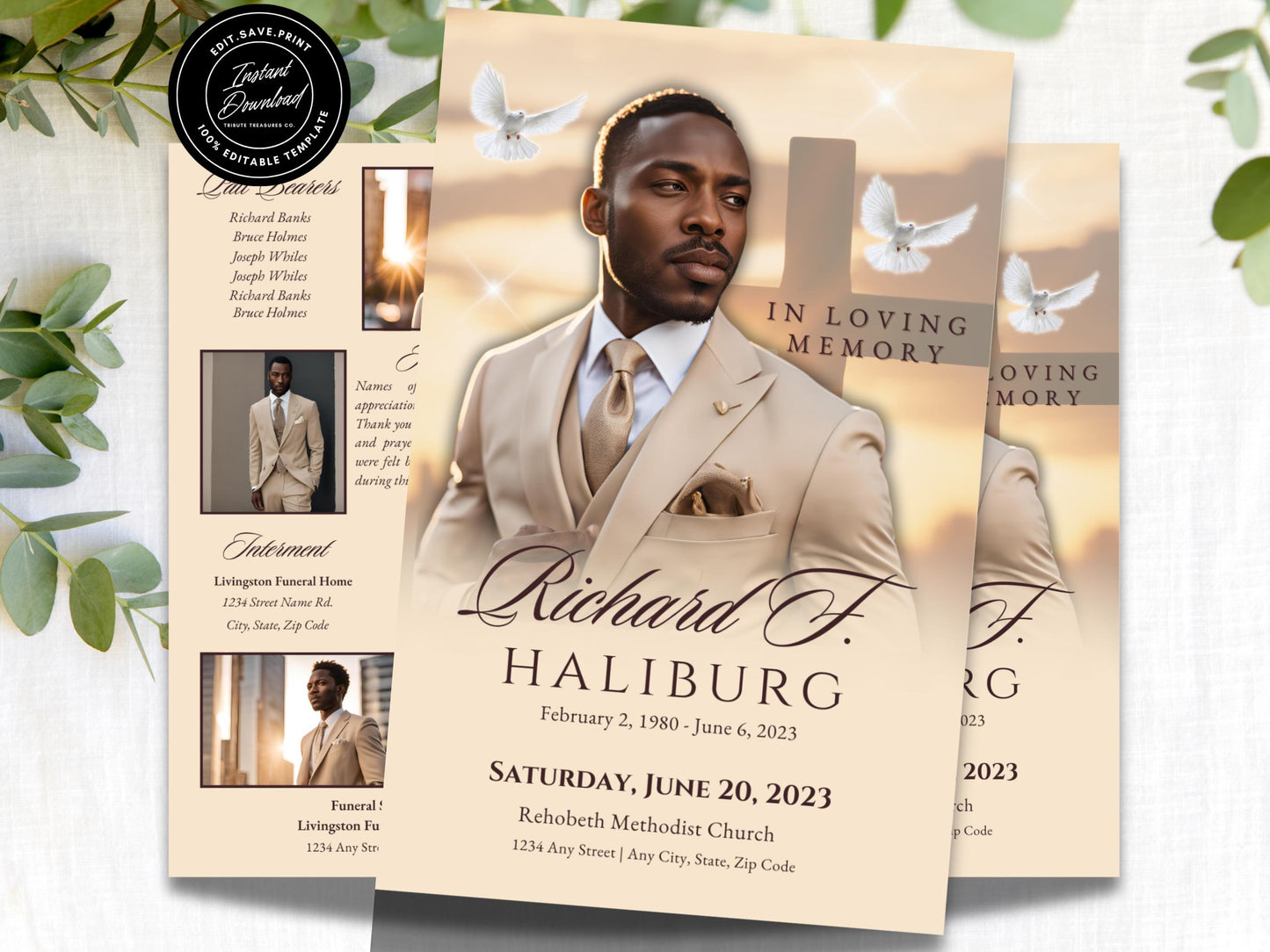 4-Page | 8.5x11 Bi-fold Funeral Program Book Design | The Cross Obituary | Obituary Book| Memorial Keepsake | Canva Template