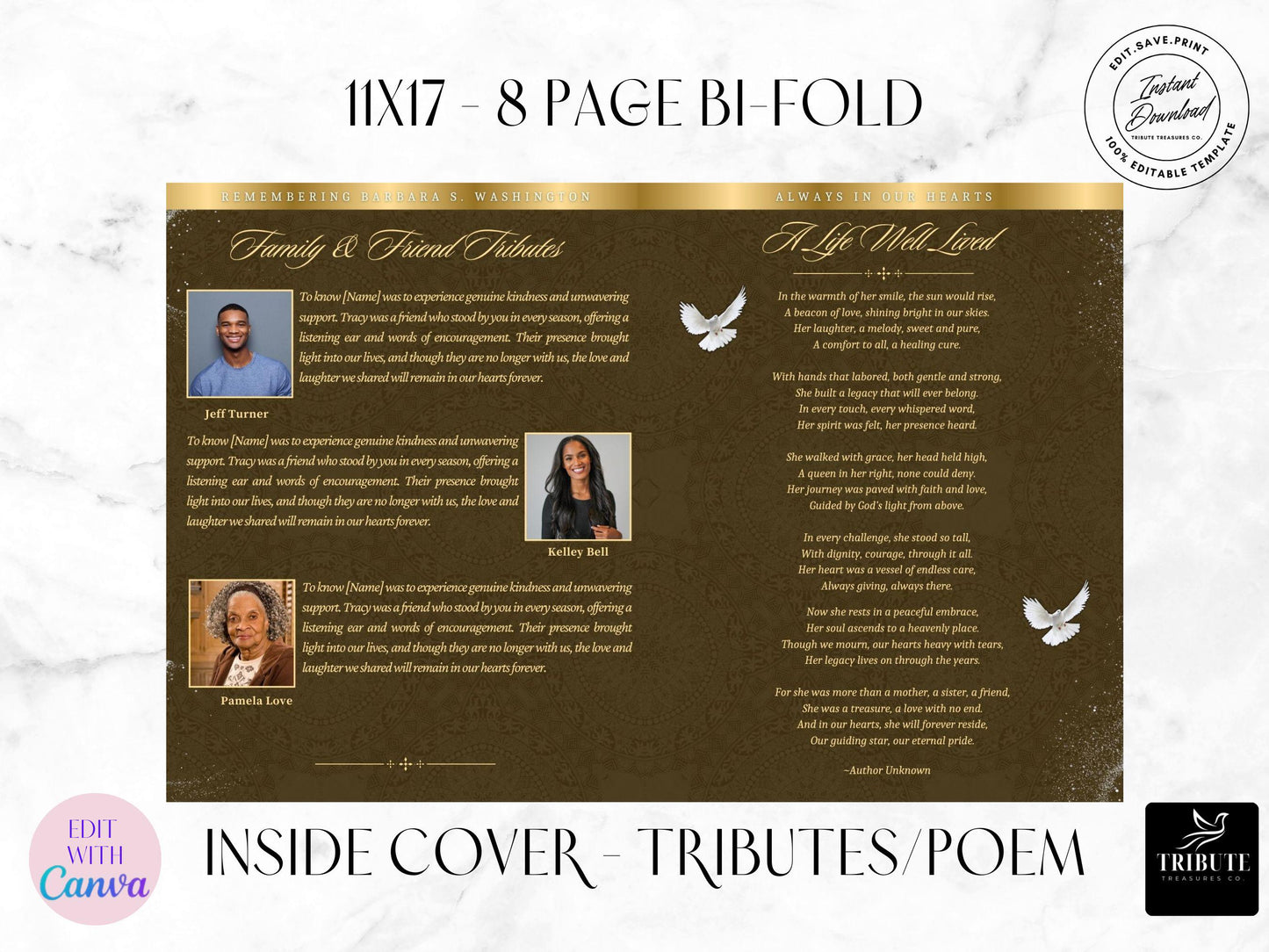 8-Page | 11X17 Bi-fold Funeral Program Book Design | Brown and Gold Inspired | Obituary Book| Memorial Keepsake | Canva Template