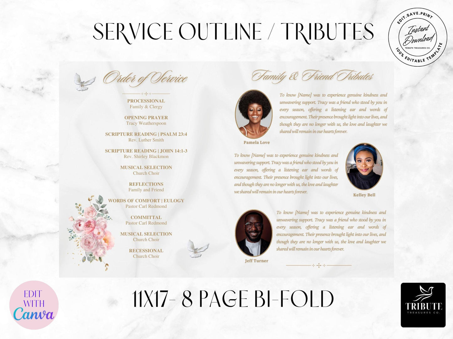 Editable Canva Funeral Program Template | White and Pink | 8-Page 11x17 Bi-fold | Memorial Keepsake | Rest in Peace | Canva Template