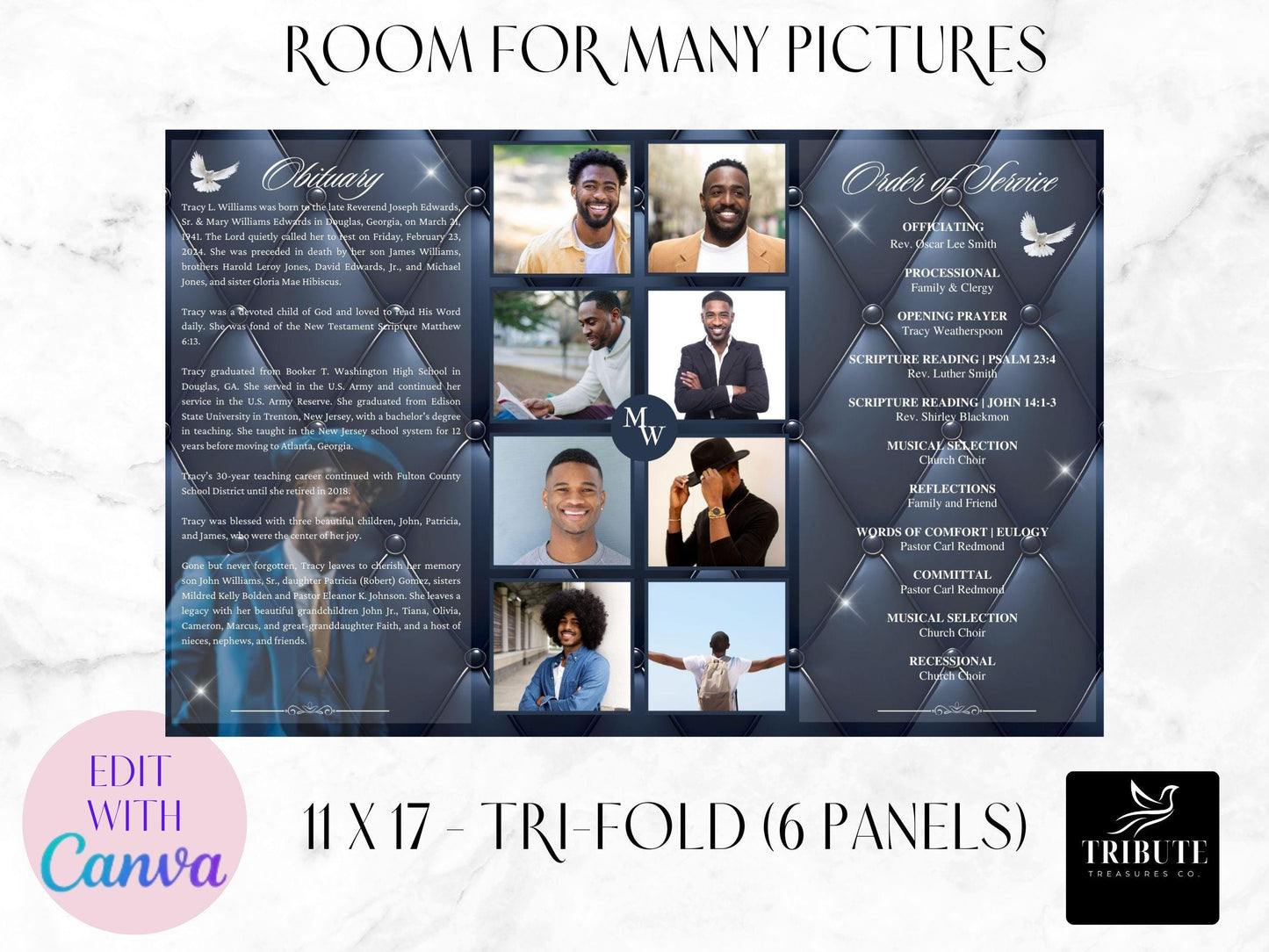 Editable Funeral, Obituary Program Template (11x17 tri-fold) - Opulent Blue Leather Memorial Program - Personalized Order of Service