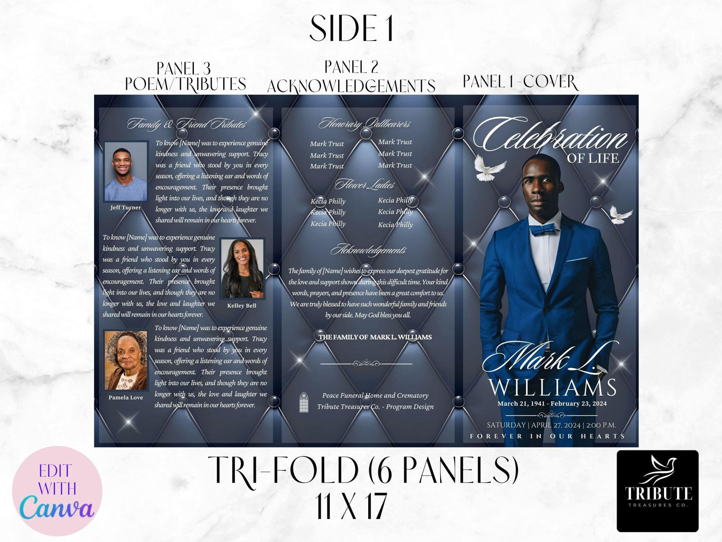 Editable Funeral, Obituary Program Template (11x17 tri-fold) - Opulent Blue Leather Memorial Program - Personalized Order of Service