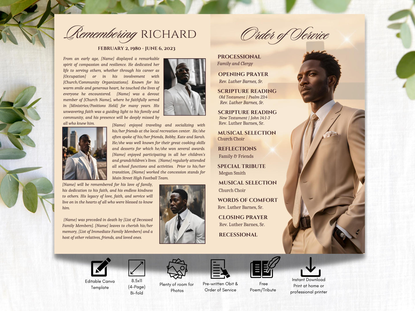 4-Page | 8.5x11 Bi-fold Funeral Program Book Design | The Cross Obituary | Obituary Book| Memorial Keepsake | Canva Template