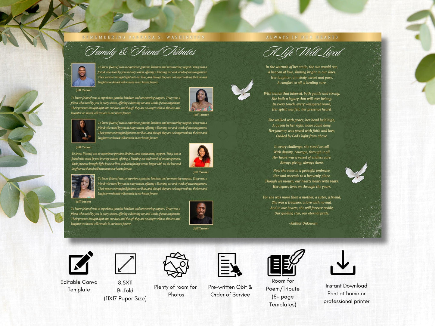 8-Page | 11X17 Bi-fold Funeral Program Book Design | Green and Gold Inspired | Obituary Book| Memorial Keepsake | Canva Template