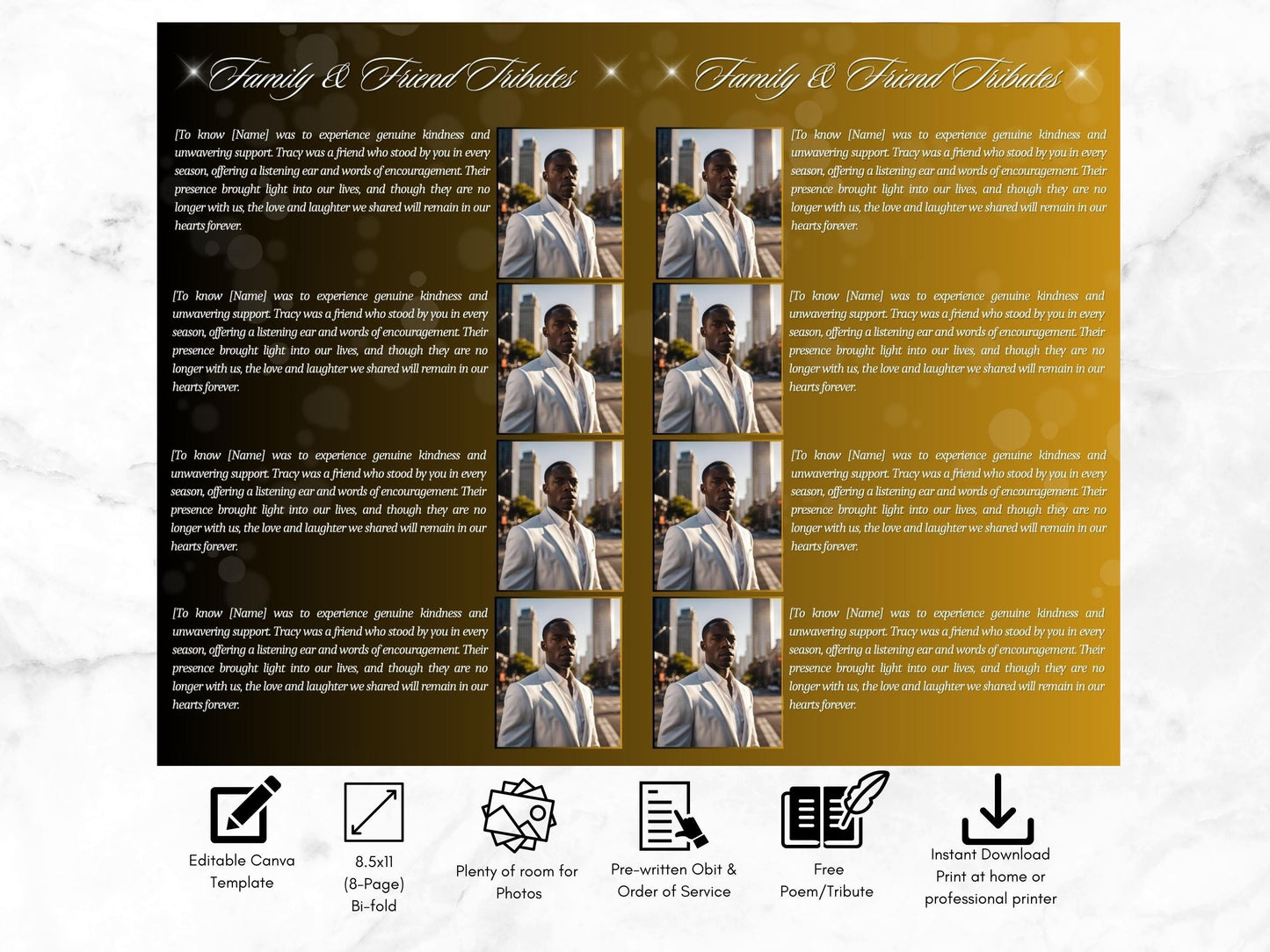 8-Page | 8.5x11 Bi-fold Funeral Program Book Design | Bold Mustard and Black | Obituary Book | Memorial Keepsake | Canva Template