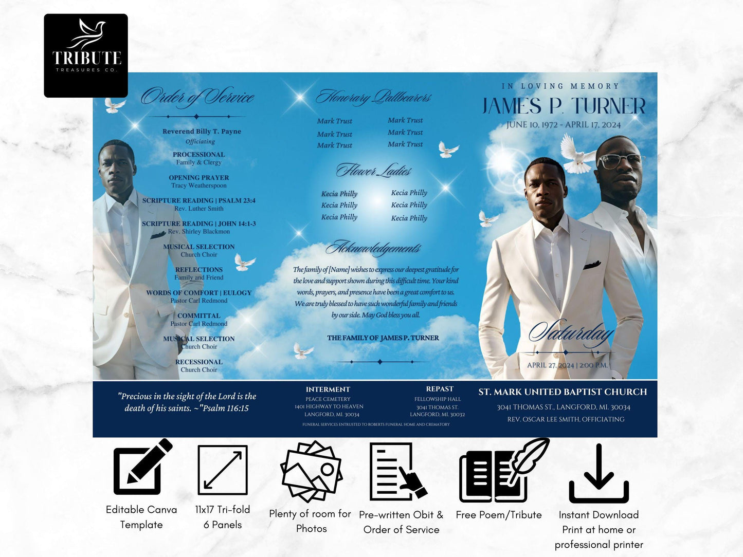 Funeral Program Template Blue Clouds| 17x11 TRIFOLD | Memorial Service| Obituary For Men | Editable Canva Template | Keepsake