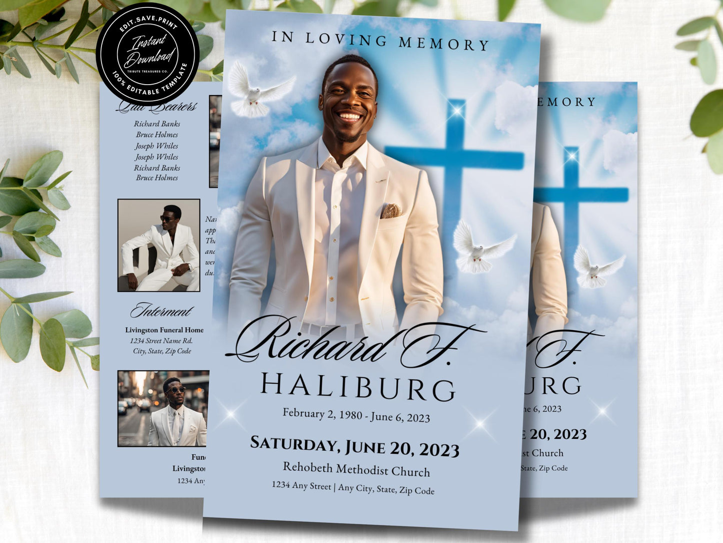 4-Page | 8.5x5.5 Bi-fold Funeral Program Book Design | Blue Clouds Cross Obituary | Obituary Book| Memorial Keepsake | Canva Template