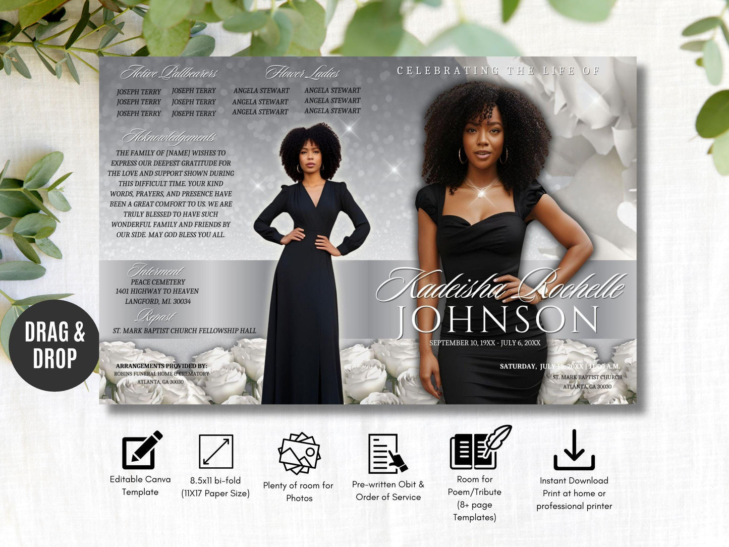 Celebrate Life with a Beautiful Silver and White Rose | Customizable Funeral Program | 11x17 (8-pages) Keepsake | Canva Template