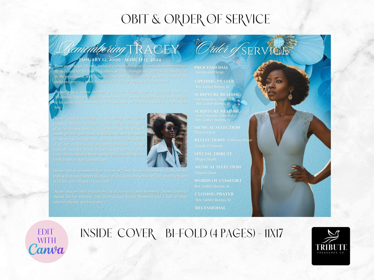 Editable Canva Funeral Program Template | Blue Flowers | 4-Page 11X17 Bi-fold | Memorial Keepsake | Rest in Peace | Canva Template