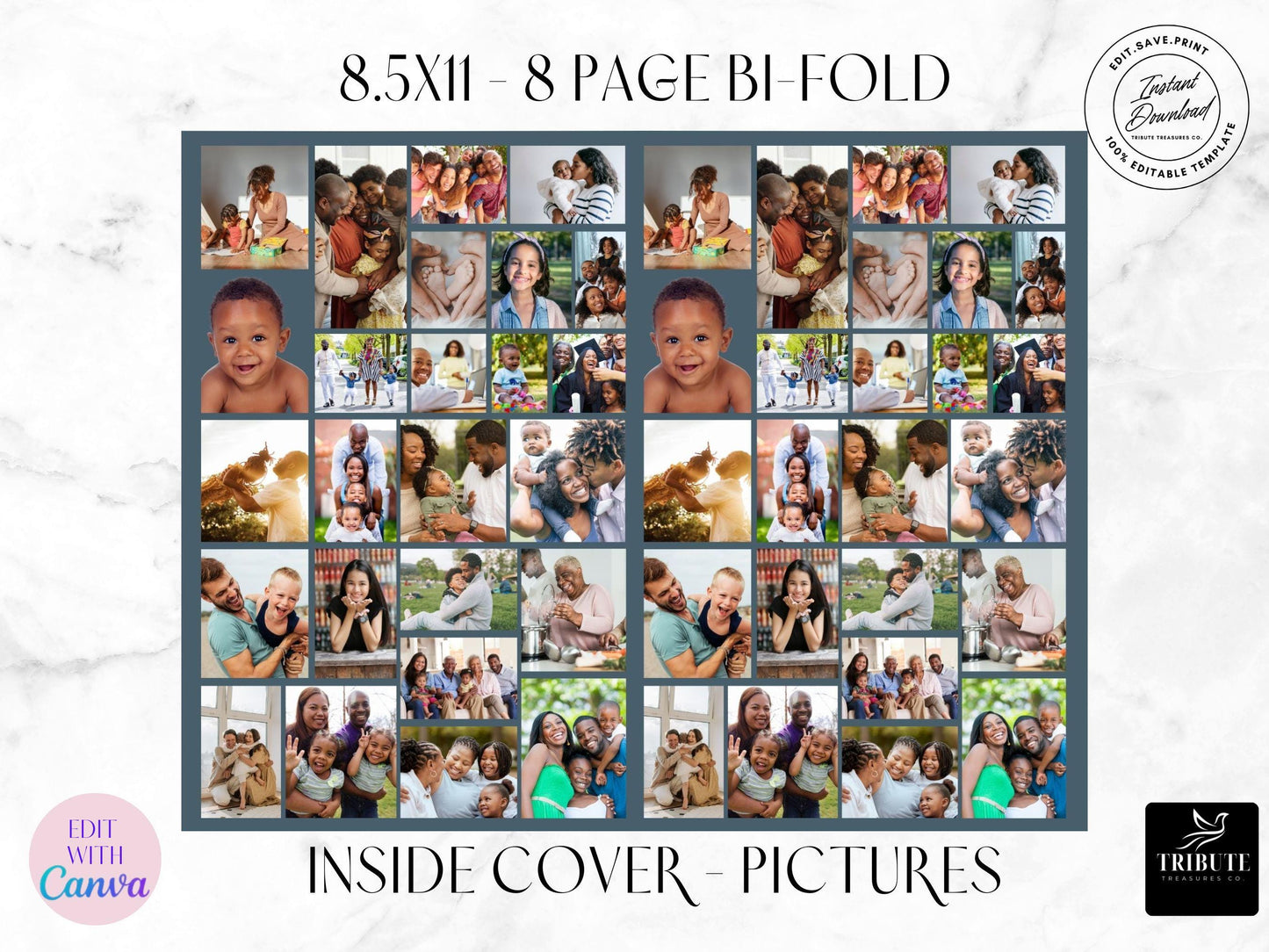 8-Page | 8.5x11 Bi-fold Funeral Program Book Design | Blue & Silver Clouds | Obituary Book | Memorial Keepsake | Canva Template