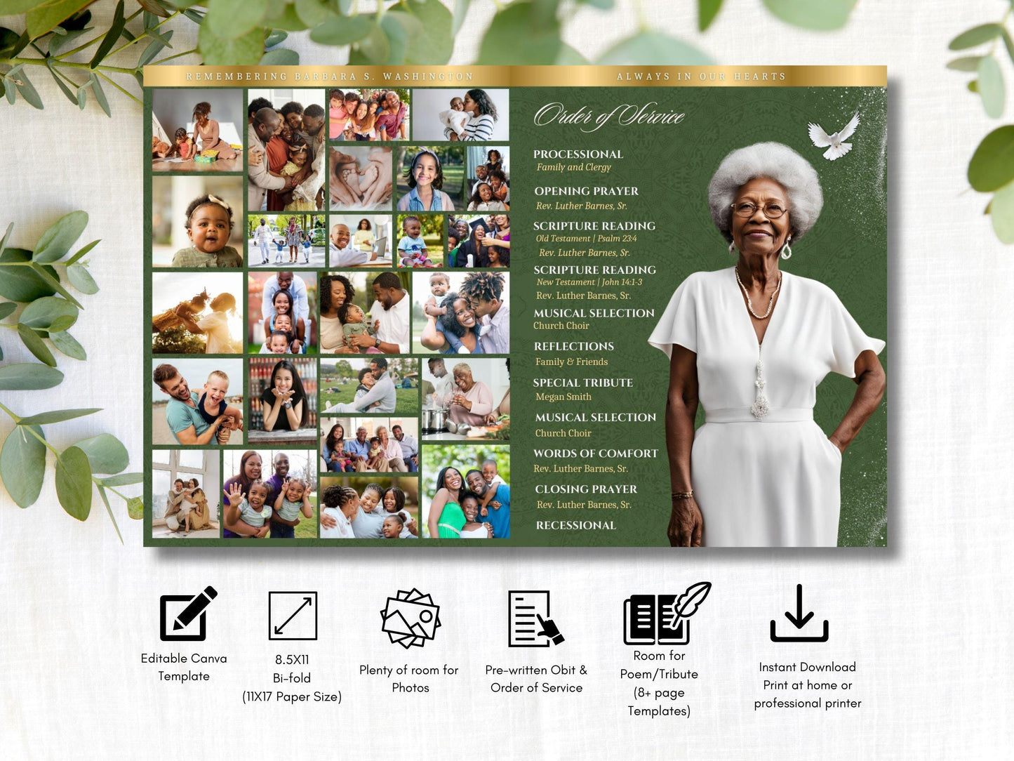 8-Page | 11X17 Bi-fold Funeral Program Book Design | Green and Gold Inspired | Obituary Book| Memorial Keepsake | Canva Template